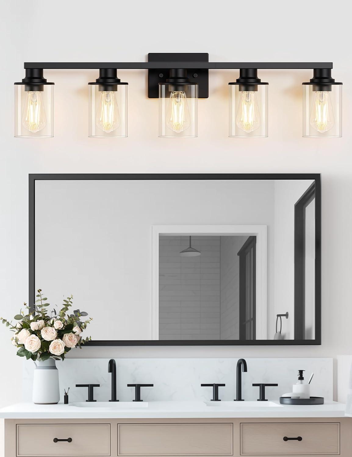 Matte Black 5-Light Bathroom Vanity Fixture with Glass Shades