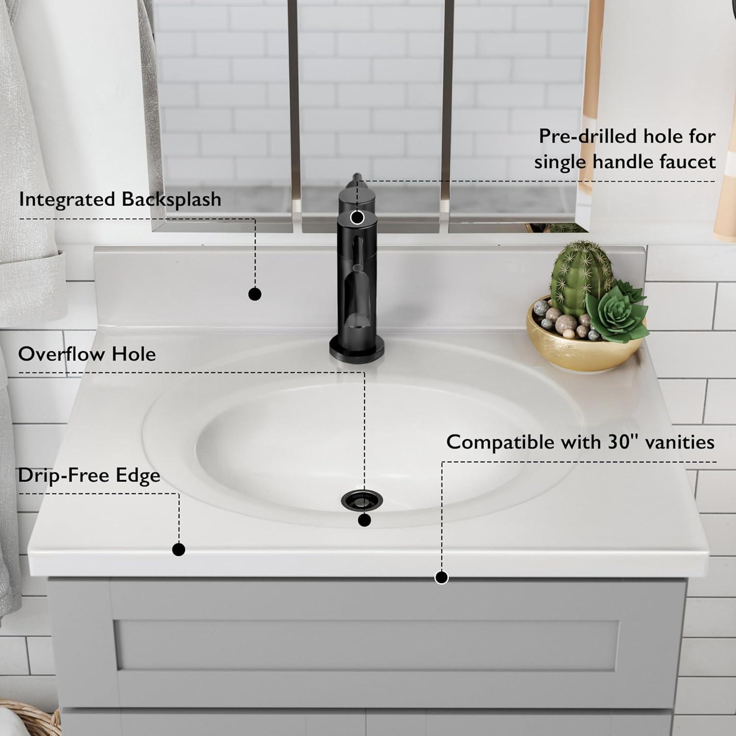 Cultured Marble Vanity Top – 31-Inch Single Bowl Sink Single-Hole with Integrated Backsplash – Reinforced Packaging – Solid White, Design House, 554592