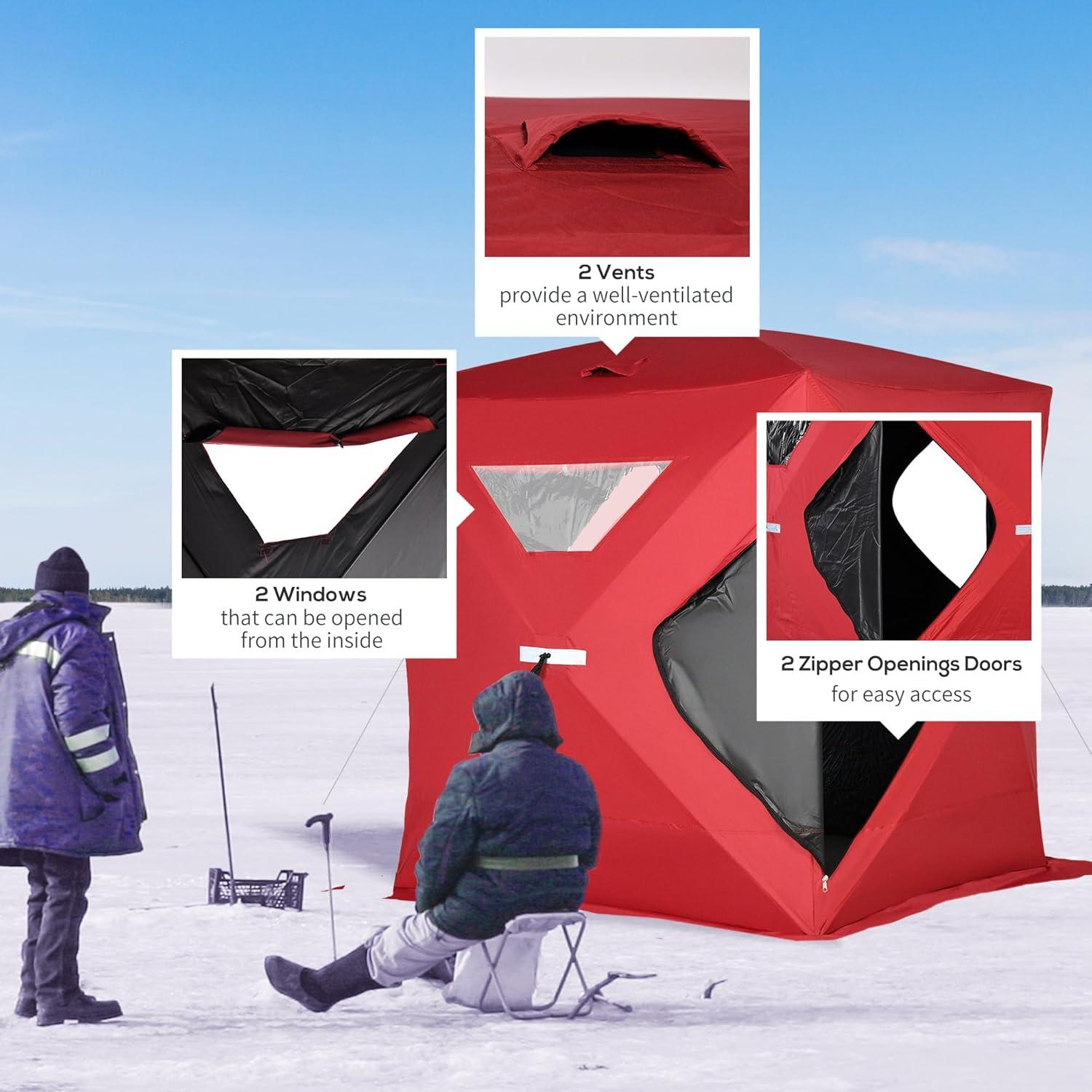 Outsunny 2-4 People Ice Fishing Shelter, Pop-Up Portable Ice Fishing Tent with Carry Bag, Two Doors, Windows and Vents, Ice Shanty for Winter Fishing, Red