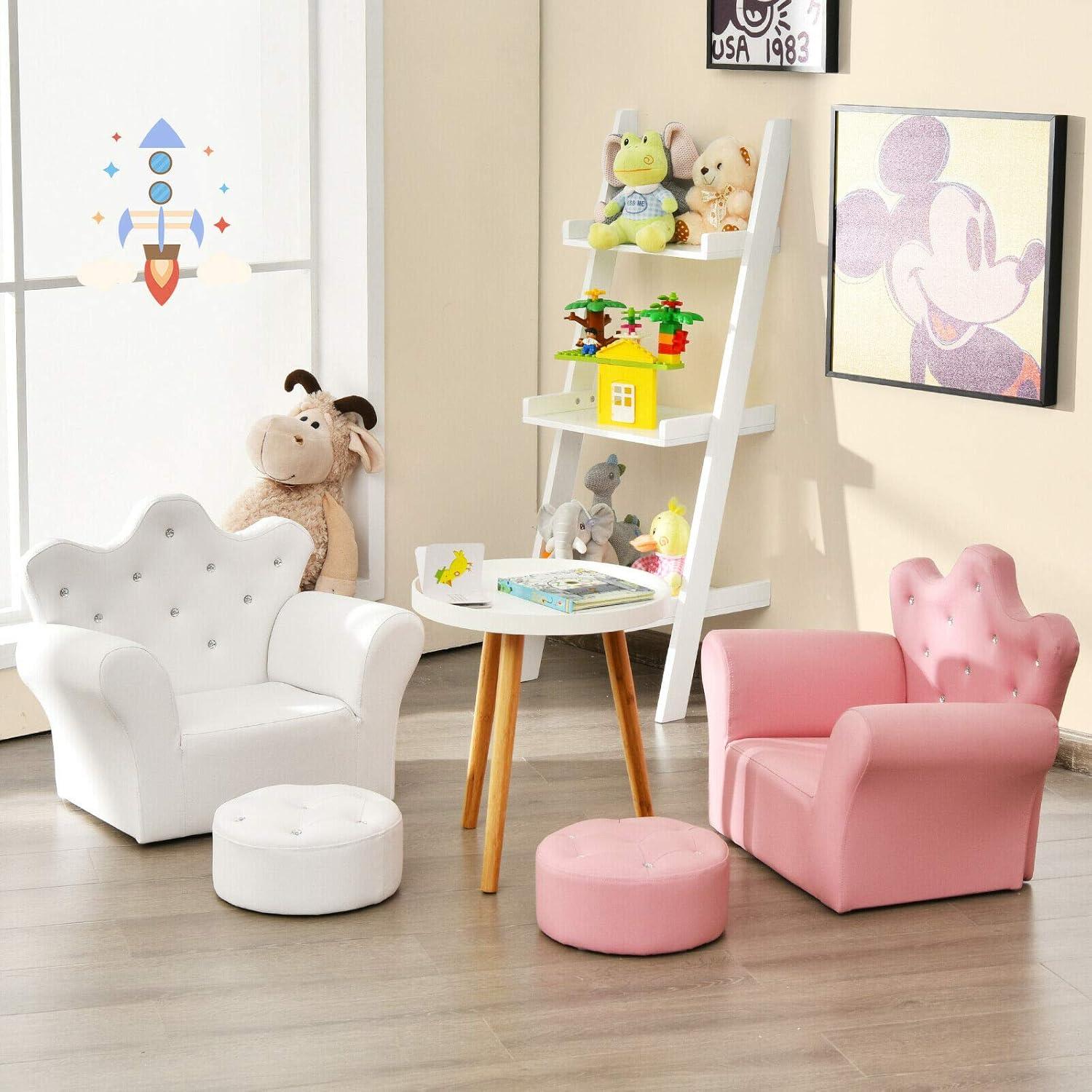 White Faux Leather Kids Princess Armchair with Ottoman