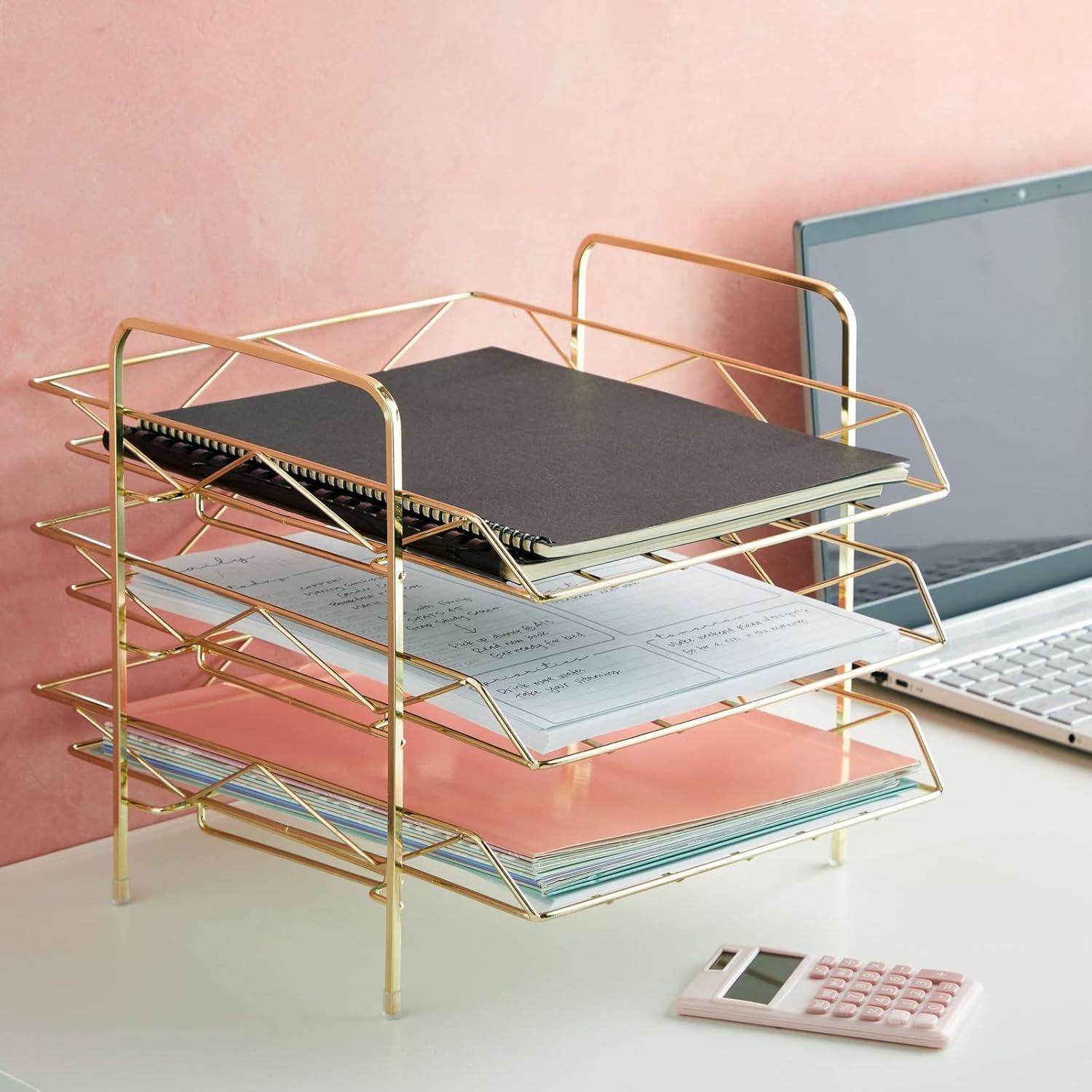 Gold 3-Tier Metal Stackable Paper Tray Organizer