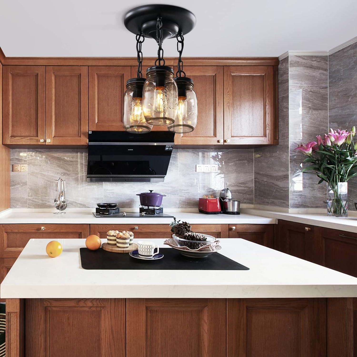 Black Pendant Lights, 3-Light Clear Glass Pendant Lights Kitchen Island, Mason Jar Light Fixtures, Farmhouse Mason Jar Pendant Lighting for Kitchen Dining Room Bedroom Hallway Entryway