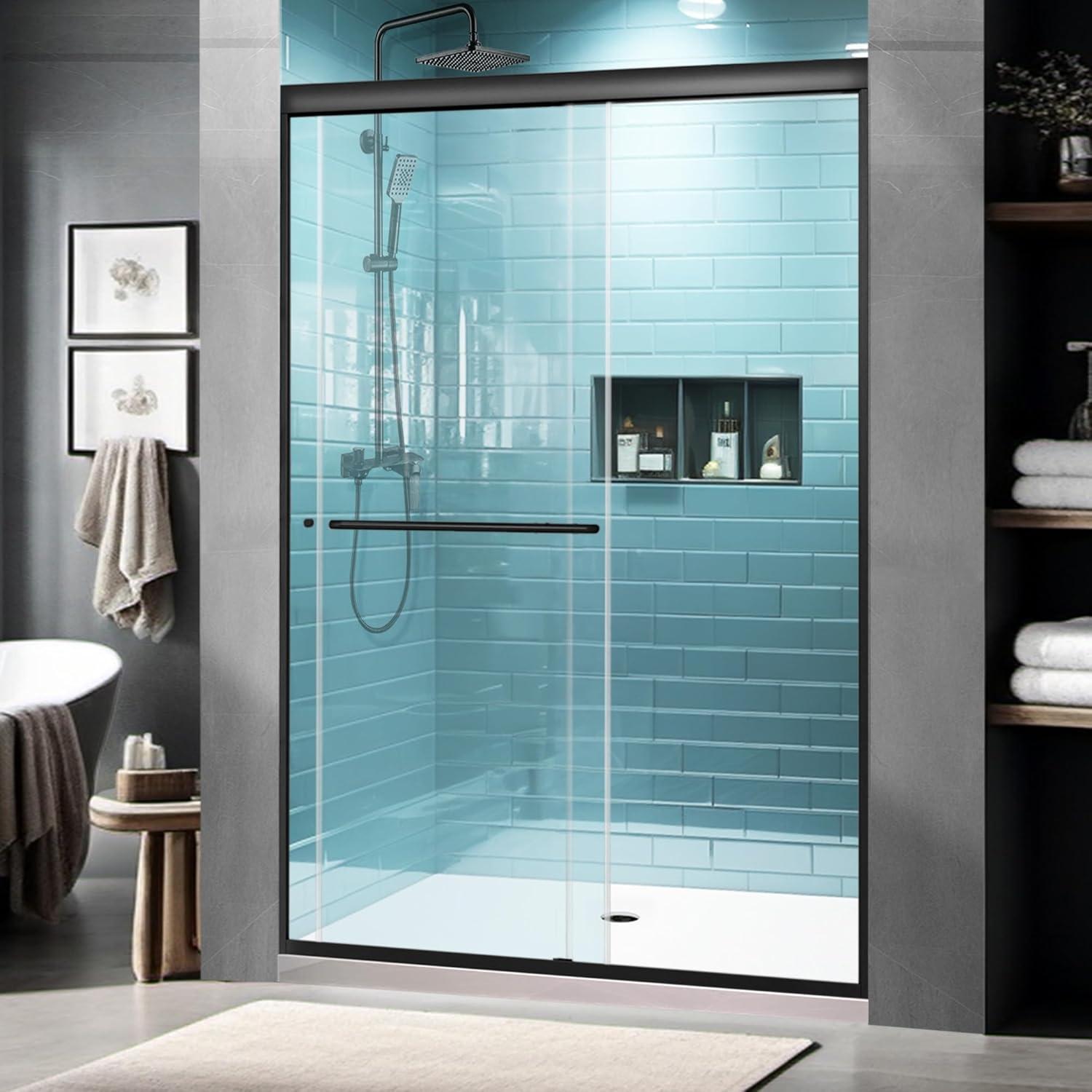 Matte Black Framed Sliding Shower Door with Clear Glass