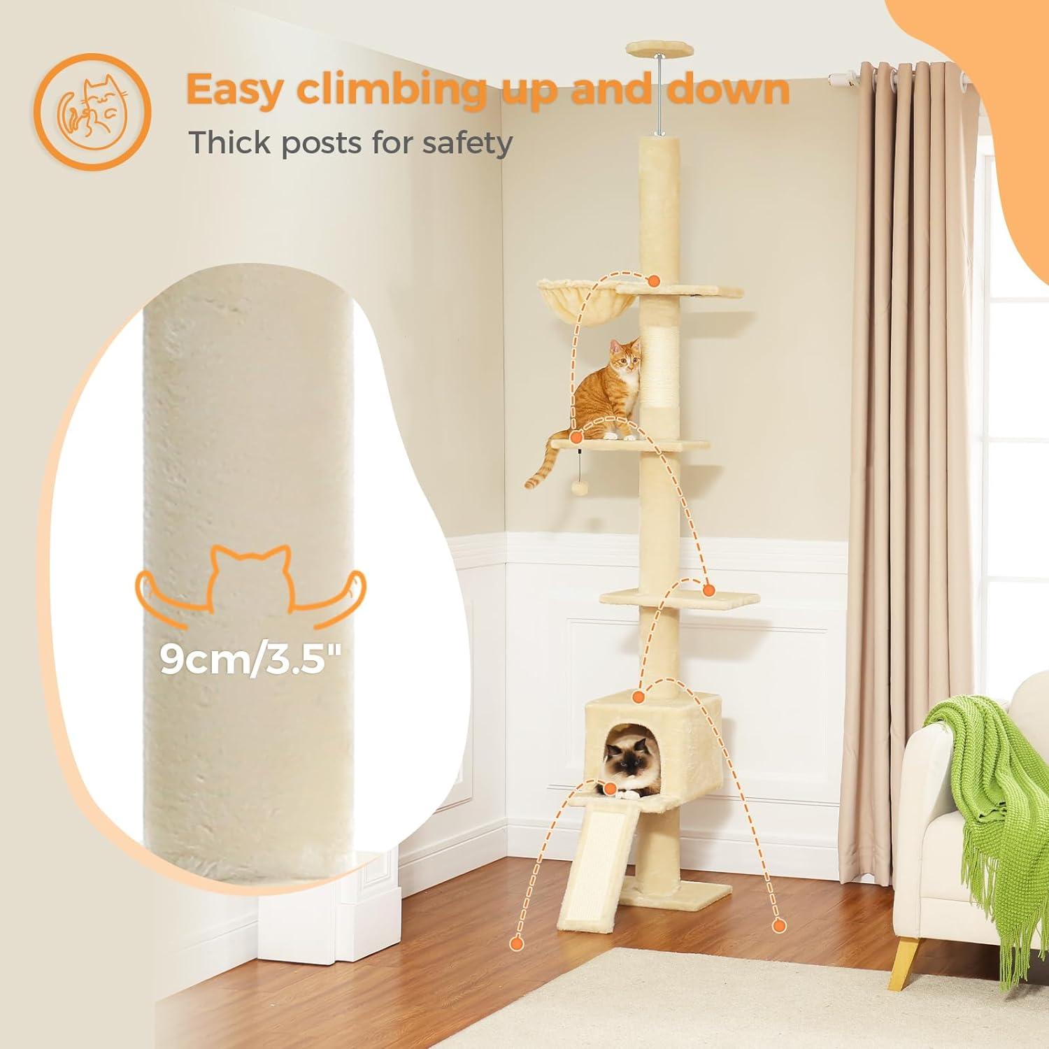 Adjustable Height Floor To Ceiling 5-Tier Tall Cat Tree Tower For Indoor Cats With Cat Condo, Cat Scratching Post And Cat Ladder