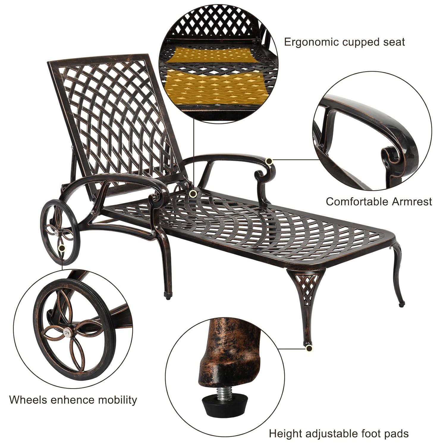 VINGLI Cast Aluminum Outdoor Chaise Lounge Chair with Wheels, Patio Chaise Lounge with 3-Position Adjustable Backrest, Outdoor Tanning Chair Patio Lounge Chair (Bronze, Without Cushion)
