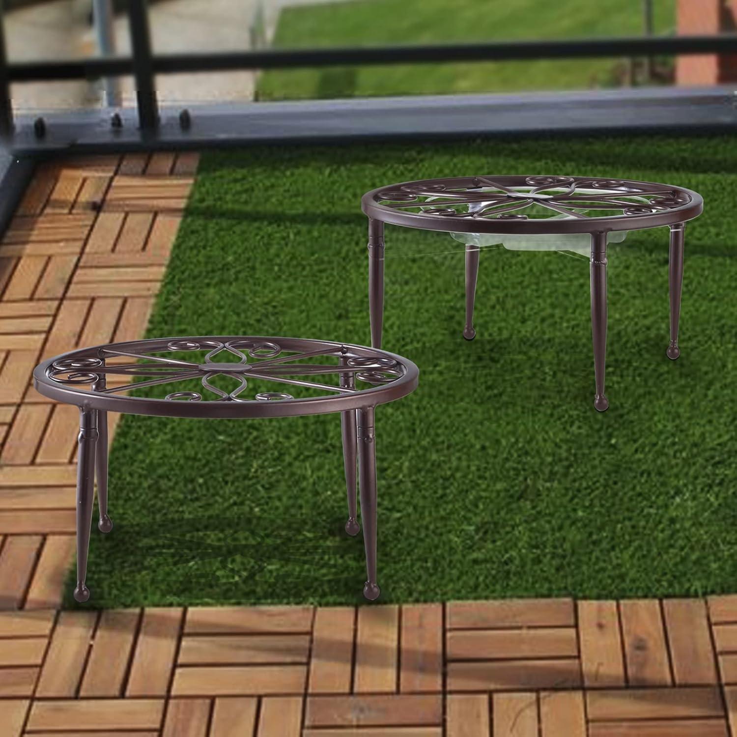 3 Pack 9 inches Metal Plant Stands with Saucer for Indoor and Outdoor Plants Heavy Duty Potted Heavy Duty Flower Pot Stand Holder Rustproof Iron Round Plant Shelf for Garden, Brown