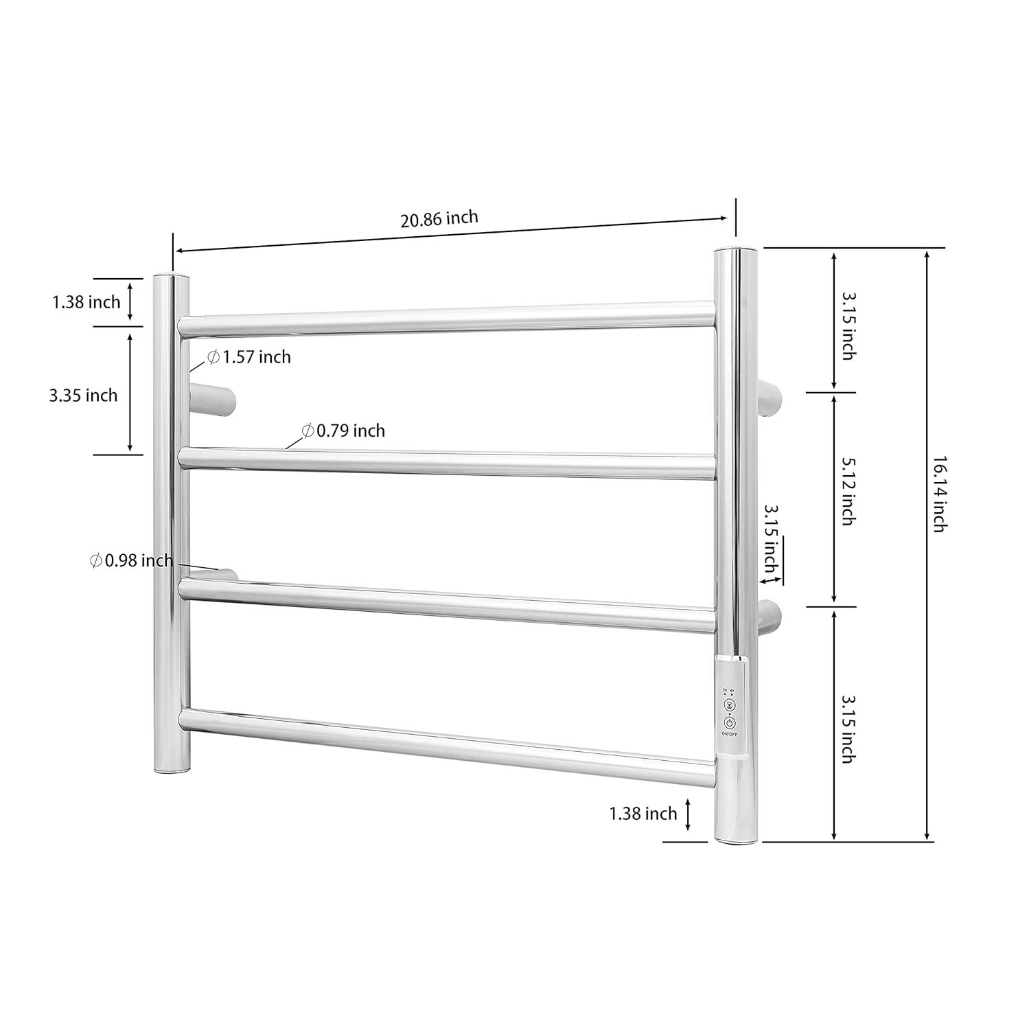 KEG Towel Warmer Wall Mounted with Built-in Timer 4 Bars Electric Stainless Steel Heated Towel Racks for Bathroom, Hot Plug-in Bath Towel Heater Polish Chrome