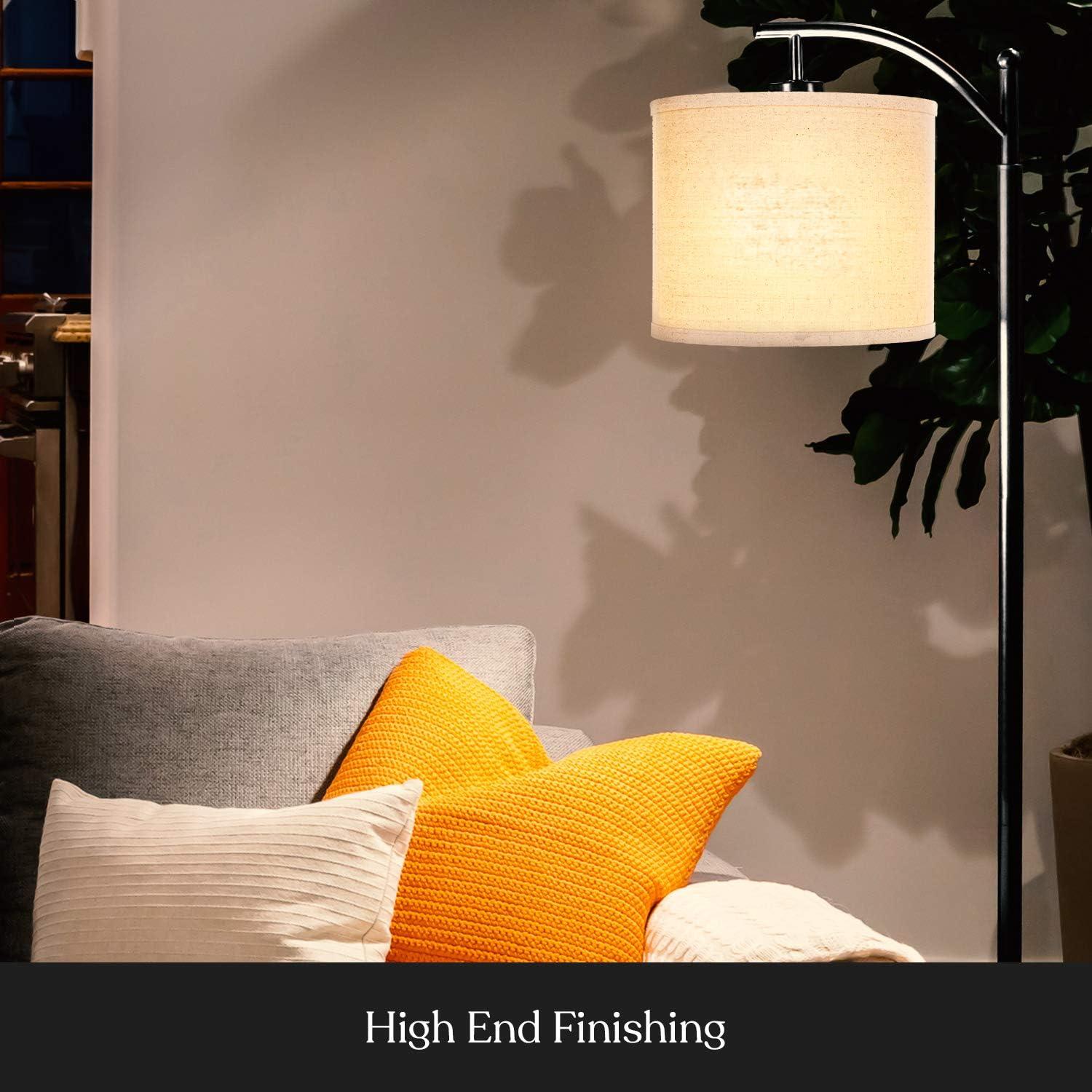 Classic Black Arc LED Floor Lamp with Tan Drum Shade