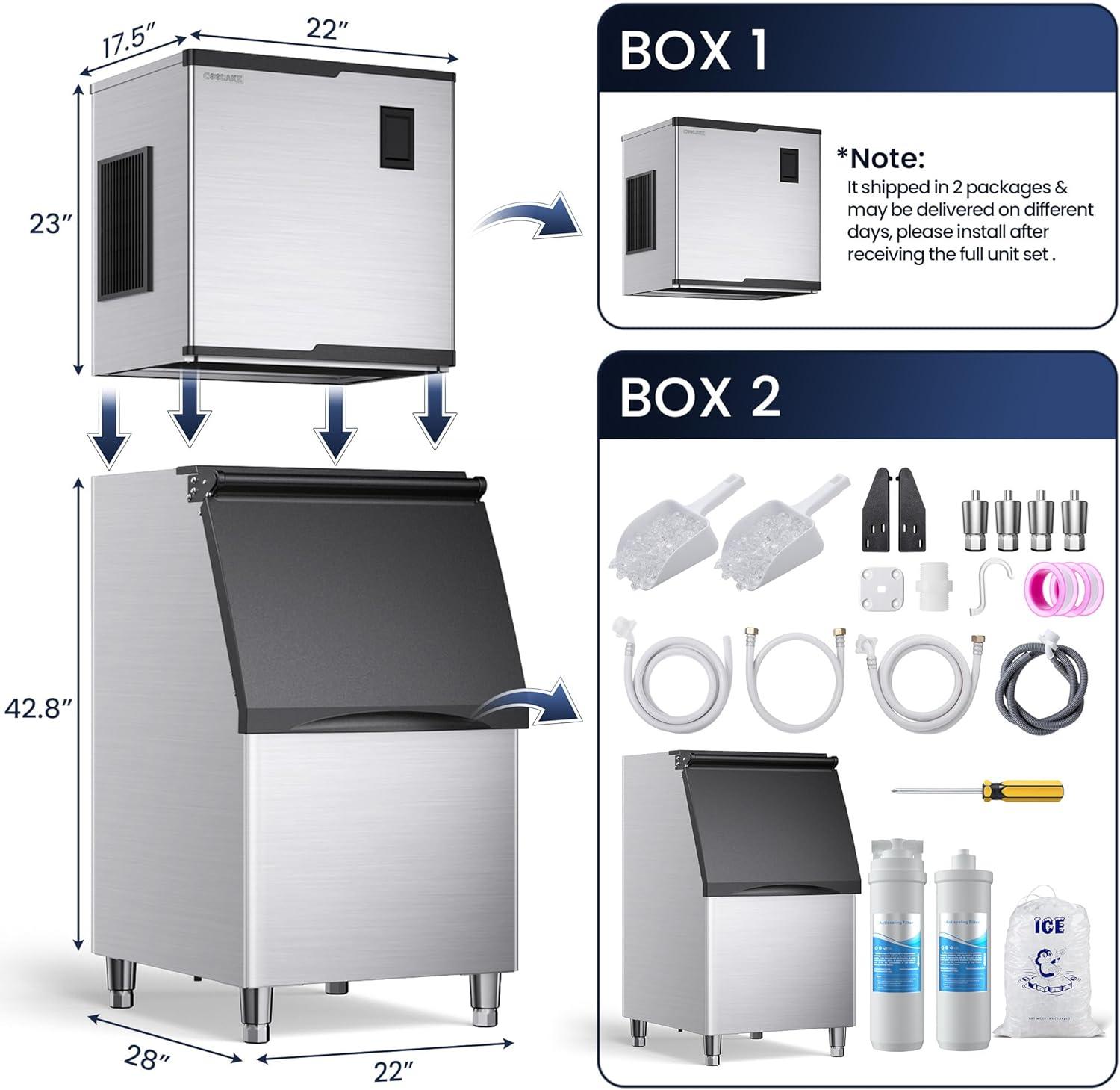 Coolake Commercial Ice Maker Machine 450lbs With 360lb Large Storage, 22 Inch Full Cube Air Cooled Stainless Steel Freestanding Ice Machine For Restaurant Church Hotel, Doe Etl Listed & Reviews | Wayfair
