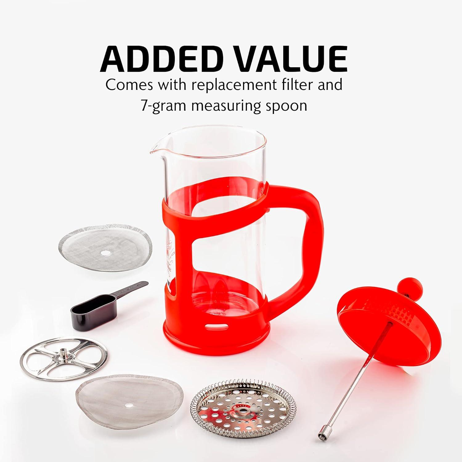 Ovente FPT34R OVENTE French Press Coffee Maker, Heat Resistant Borosilicate Glass with 4 Filter Stainless-Steel System, BPA-Free Portable Pitcher Perfect for Hot & Cold Brew