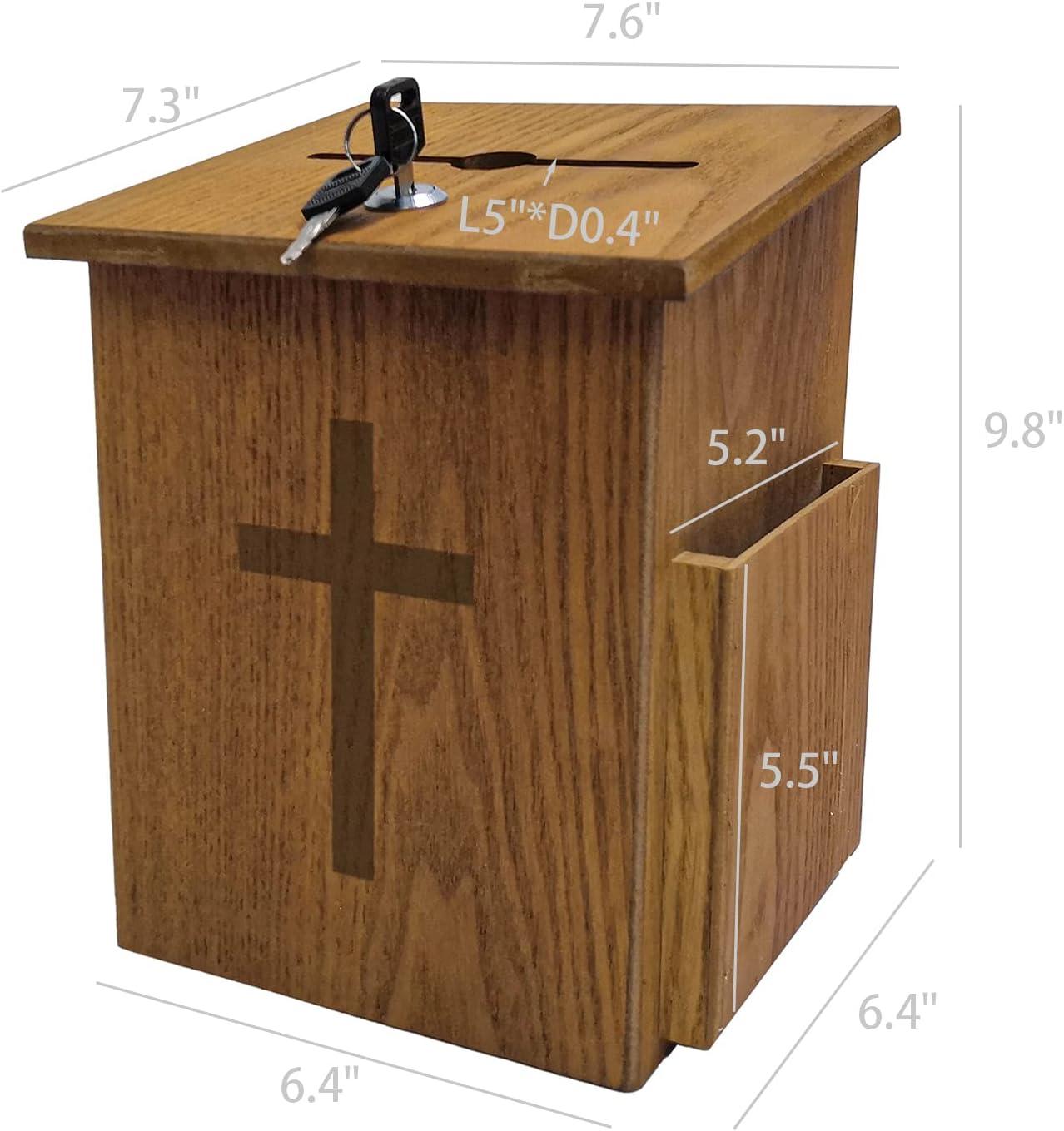 Lockable Oak Donation Box with Gold Cross and Side Pocket