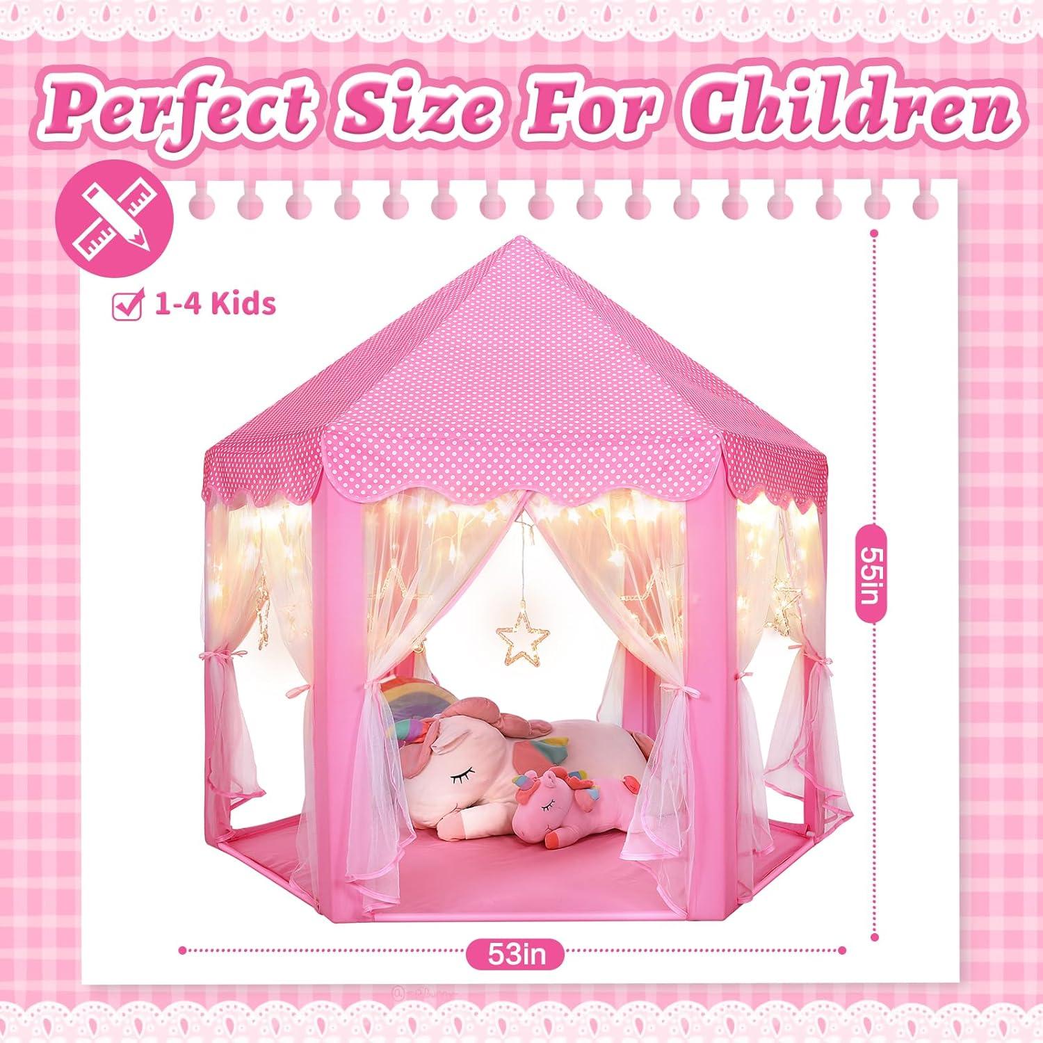 Princess Playhouse Play Tent with LED Lights, Large Collapsible Indoor / Outdoor Kids Teepee with Carrying Bag
