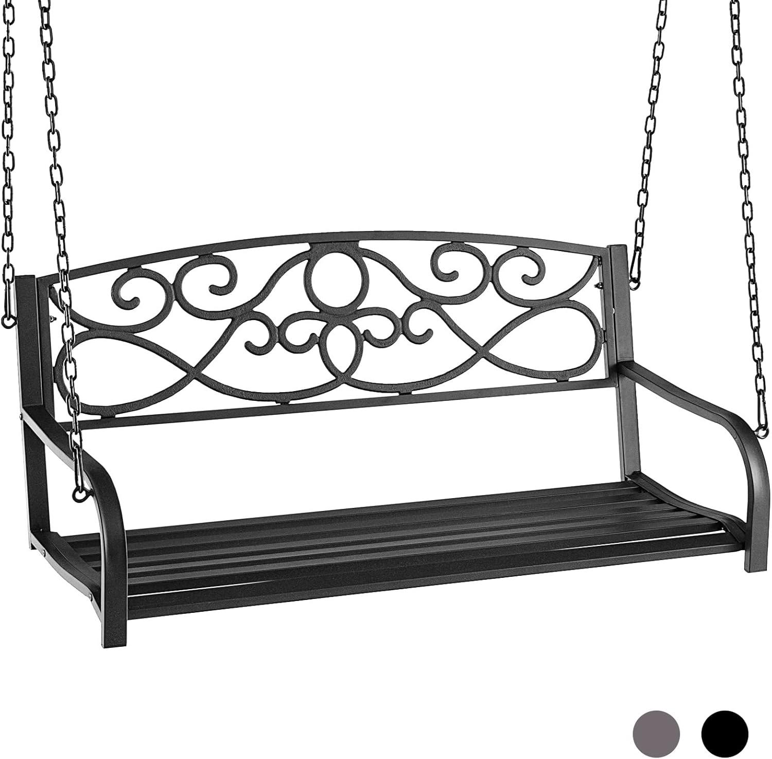 Black Metal 2-Person Hanging Porch Swing with Chains and Armrests