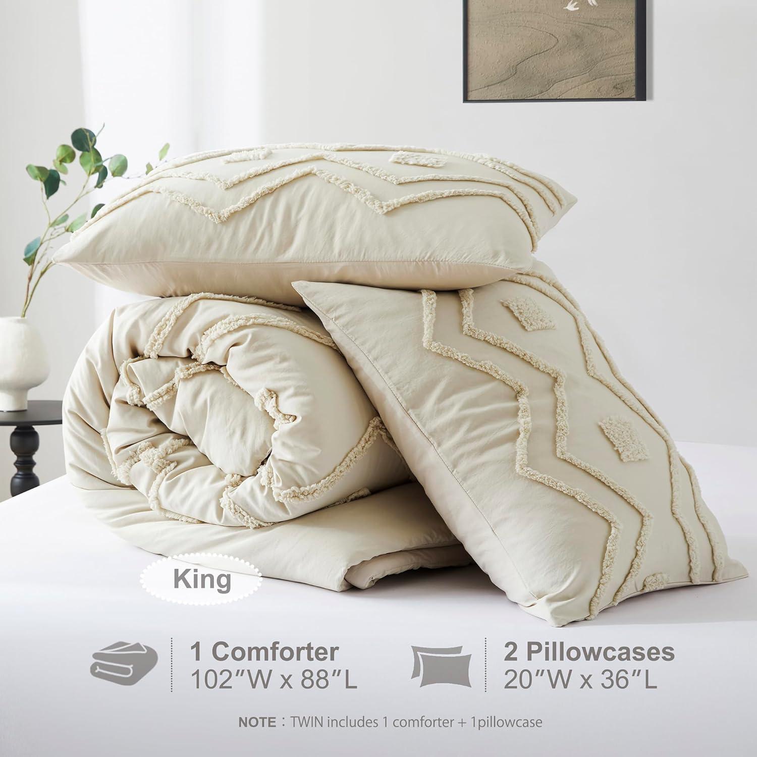 Oli Anderson Cream King Comforter Set Tufted Bedding Set King 3 Pieces, Boho Shabby Chic Comforter with 2 Pillowcases (Cream,King)