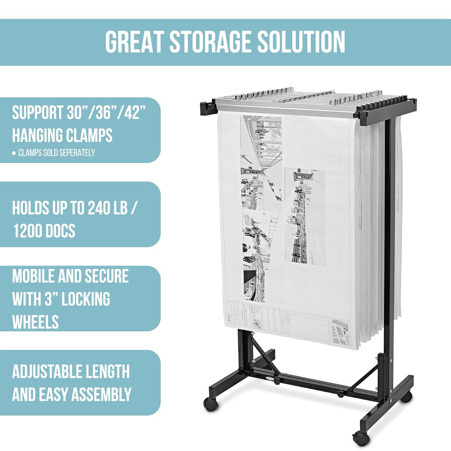 Adjustable Black Steel Mobile Blueprint Storage Rack with Wheels