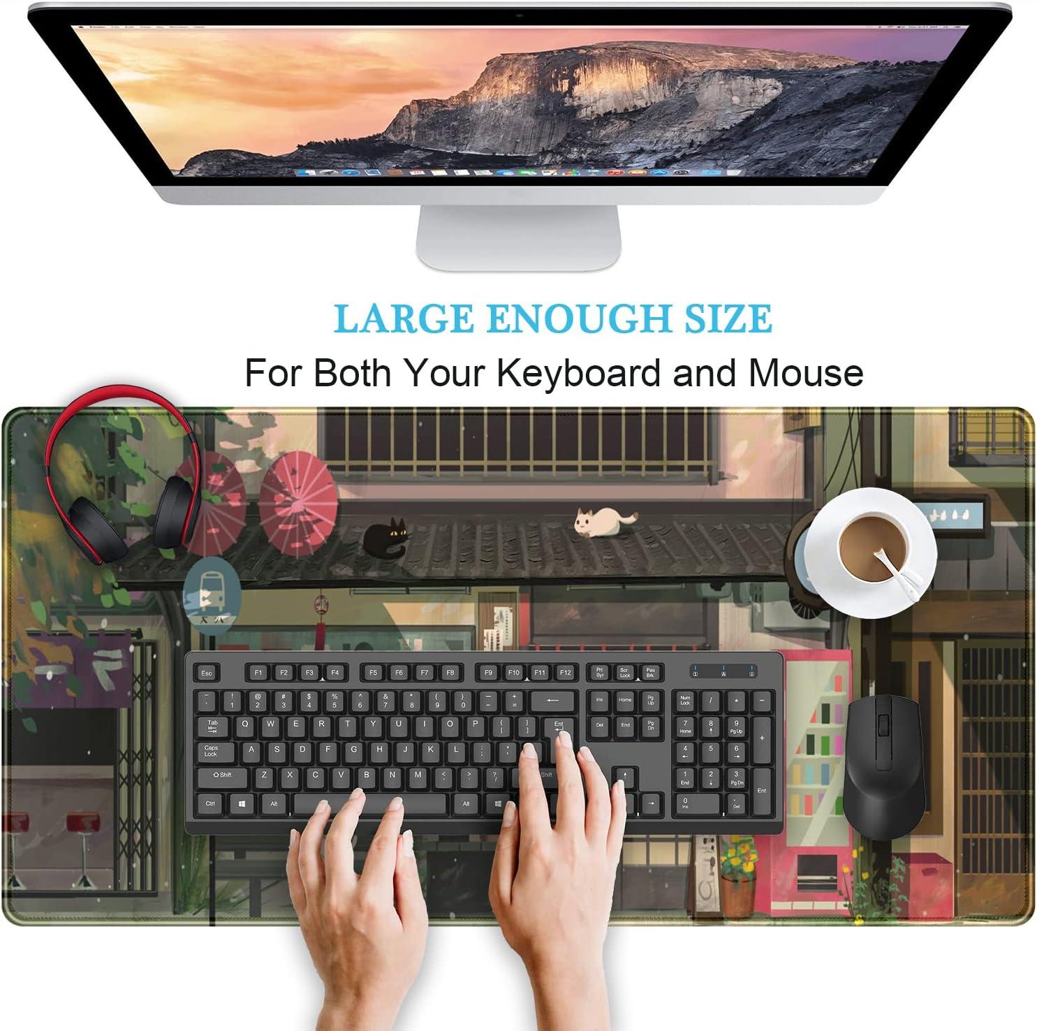 Cat Cafe Desk Mat Cute Anime Mouse Pads, Kawaii Desk Pad Large Gaming Mousepad XXL 31.5x15.75 in, Japanese Street Aesthetic Keyboard Mat Pad, Laptop Computer Desktop Decor Mat for Women Office