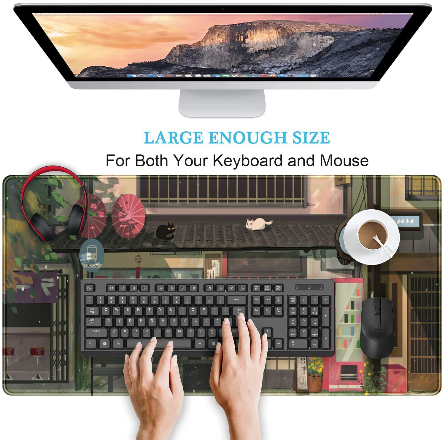 Cat Cafe Desk Mat Cute Anime Mouse Pads, Kawaii Desk Pad Large Gaming Mousepad XXL 31.5x15.75 in, Japanese Street Aesthetic Keyboard Mat Pad, Laptop Computer Desktop Decor Mat for Women Office
