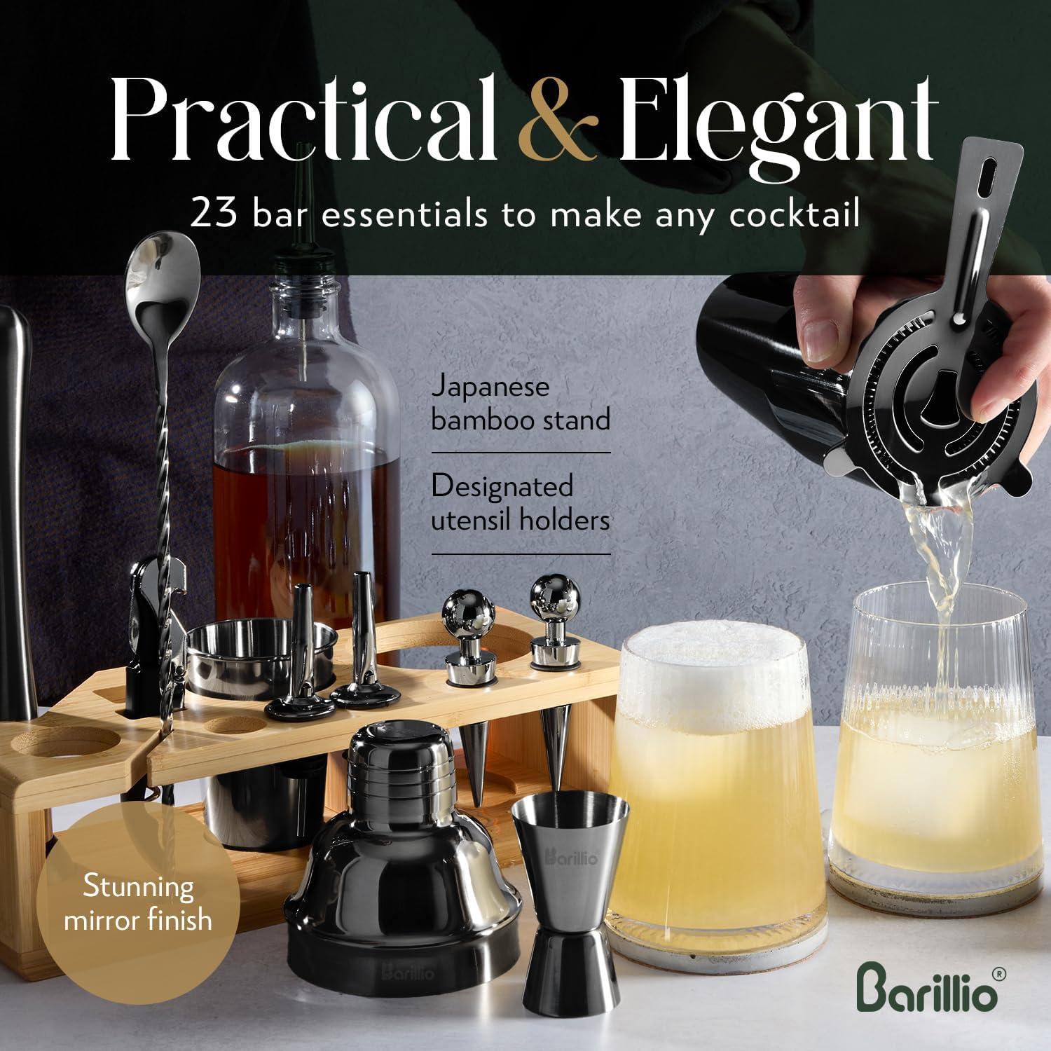 Black Stainless Steel Bartender Kit with Bamboo Stand, 23-Piece