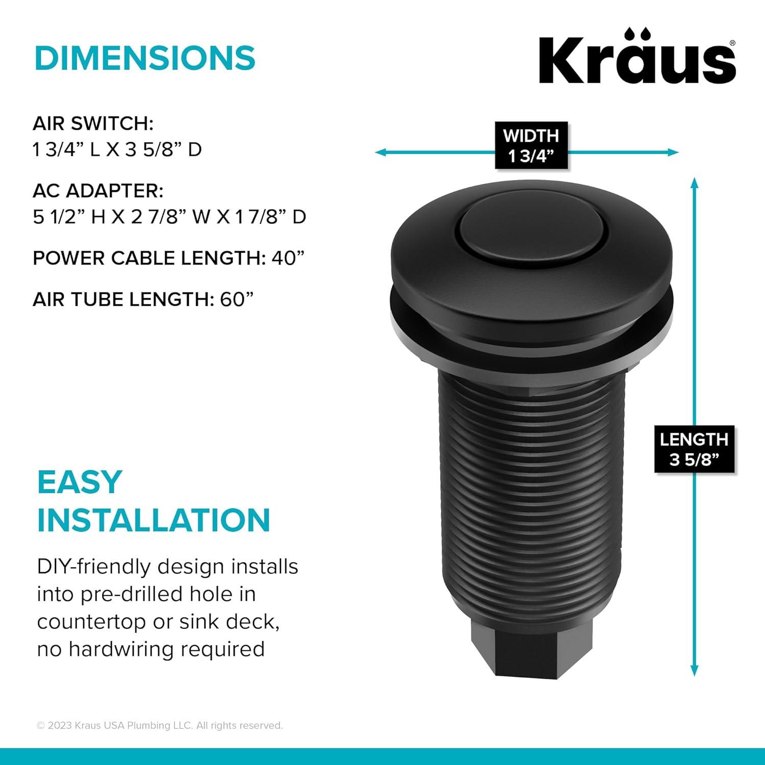 Kraus KRAUS Garbage Disposal Air Switch Kit with Push Button, AC Adapter, Power Cord, and Air Tube Included