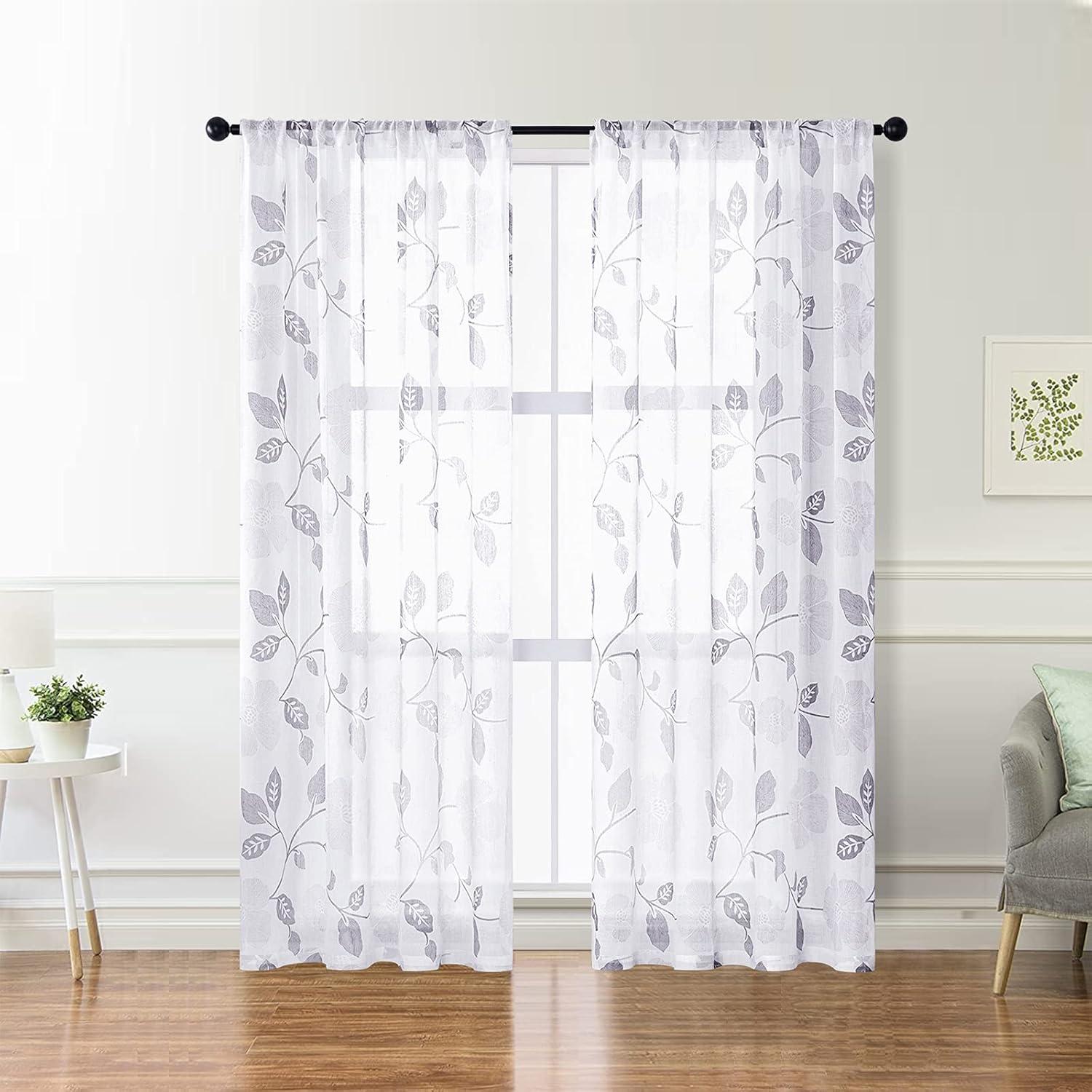 MRTREES Sheer Curtain Panels, Voile Sheer Curtains Drapes Rod Pocket, Flower Printed Embroidery Window Curtain Treatments for Bedroom Living Room Bathroom Window(2 Panels, 54x45 Inches, Olive)