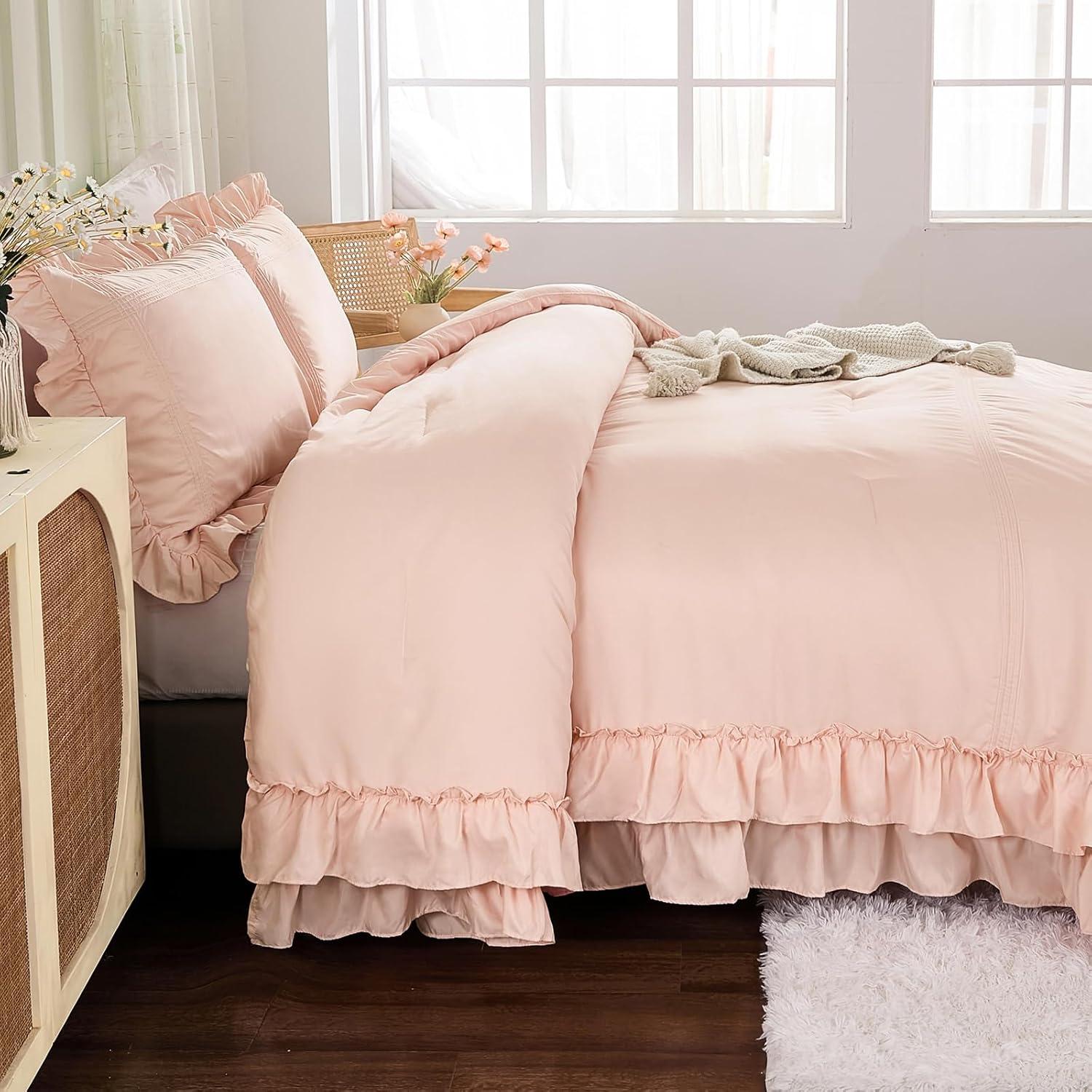 HOMERRY Pink Ruffle Pattern Duvet Cover Queen Size, 3PCS Soft Microfiber Fabric Comforter Set, 90x90 in