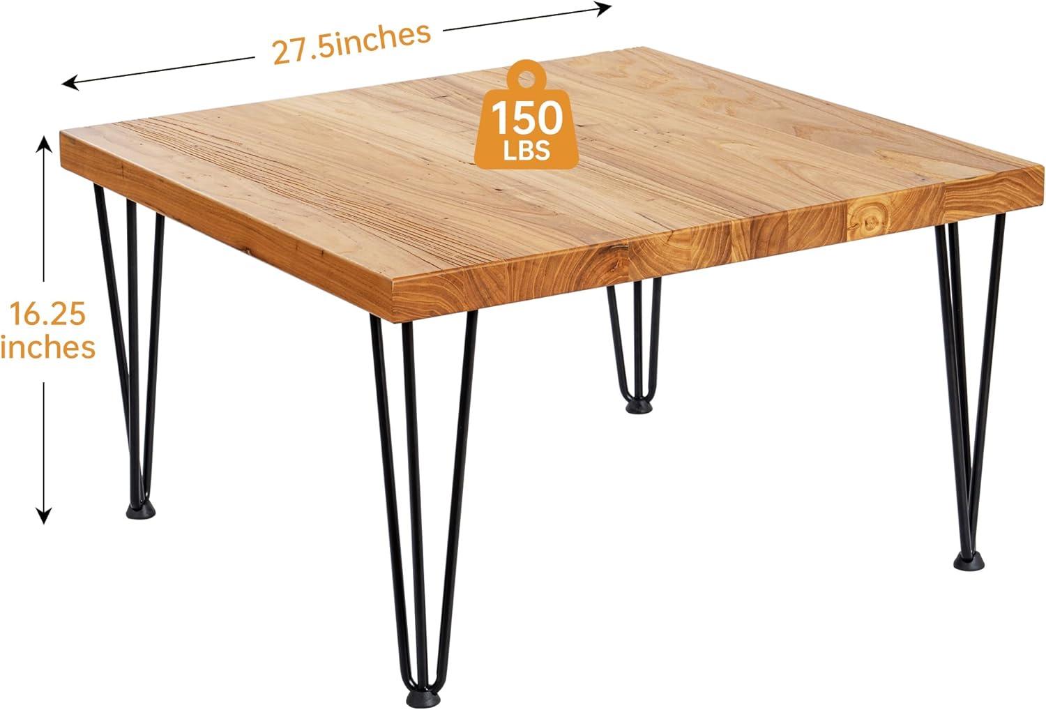 Rustic Elm Wood Square Coffee Table with Metal Hairpin Legs