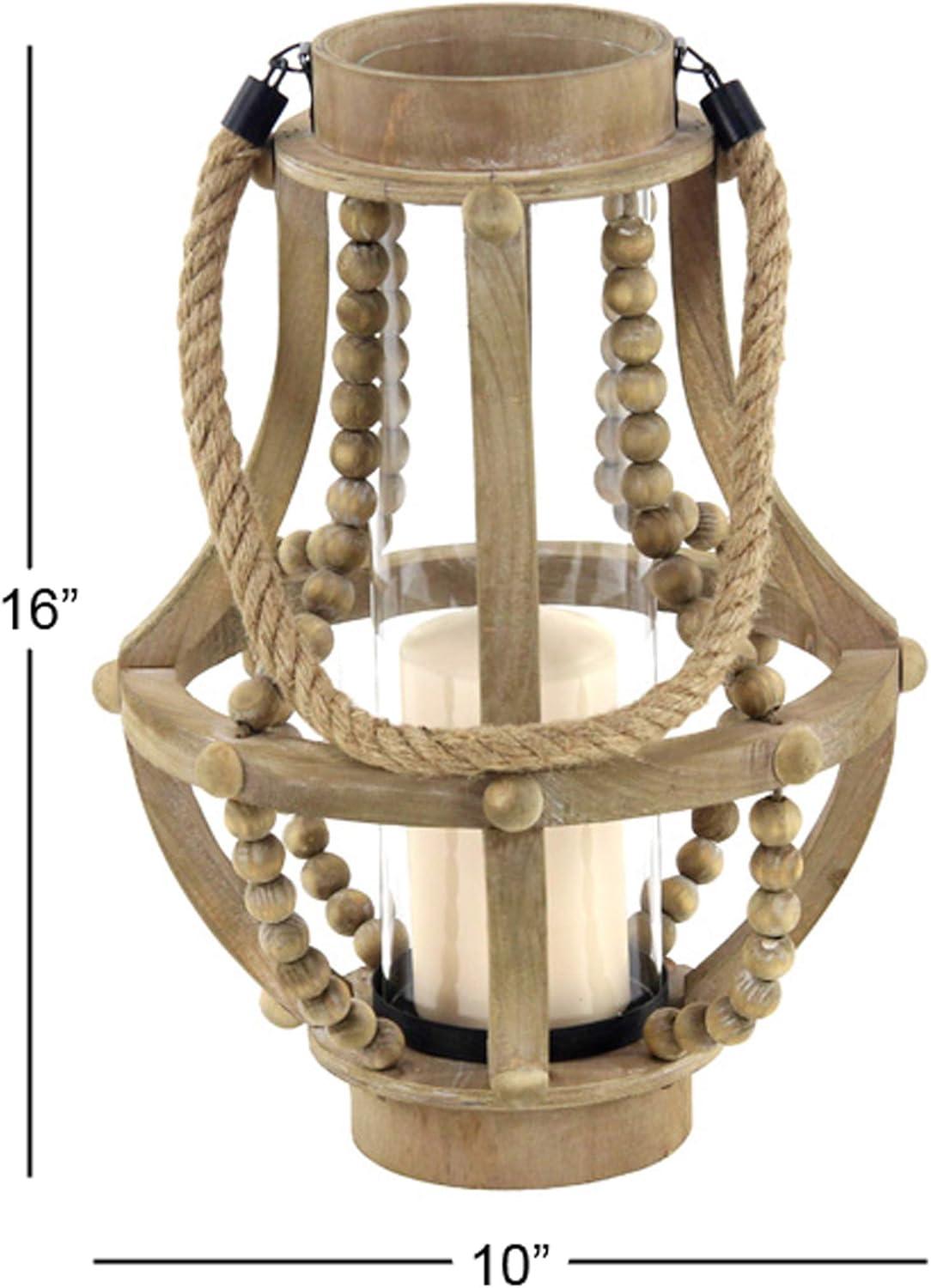 Olivia & May 16" x 10" Rustic Wood/Glass Candle Holder with Rope Handle Beige : Wooden Lantern, Tall Pillar Style
