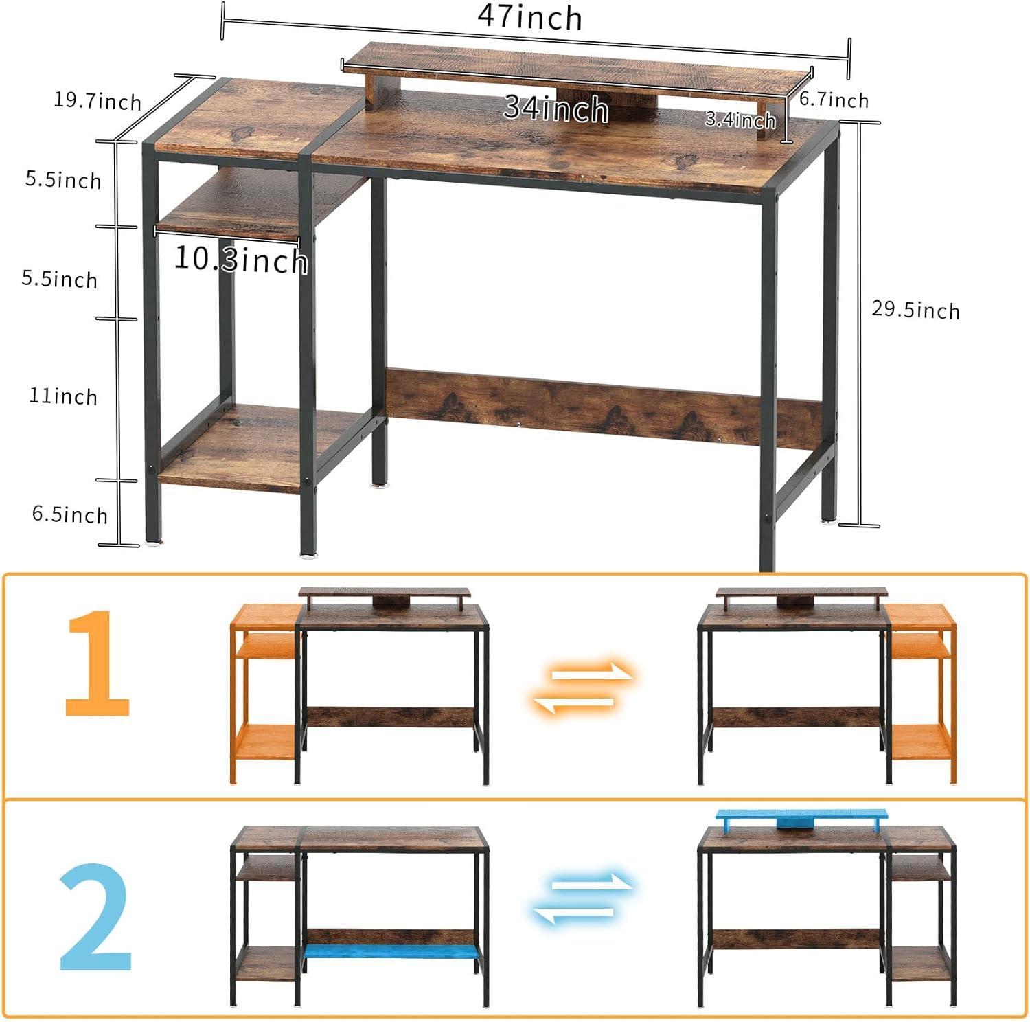 47'' Rustic Brown Adjustable Height Gaming Desk with Monitor Stand