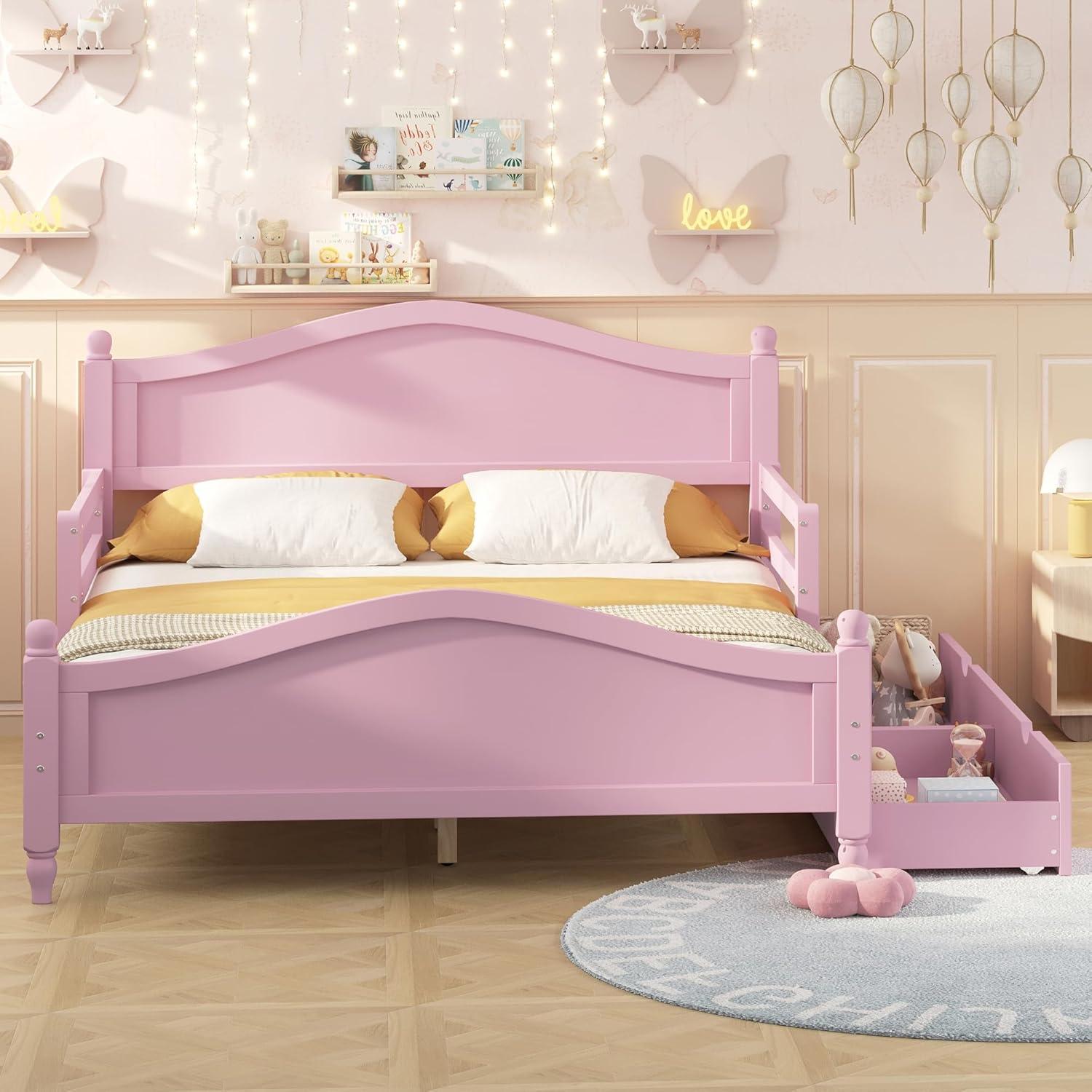 Harper & Bright Designs Kids Full Storage Bed Frame with 2 Drawers and Rails, Wood Platform Beds with Headboard and Footboard, Full Size Bed with Slat Support for Boys Girls,No Box Spring Needed,Pink