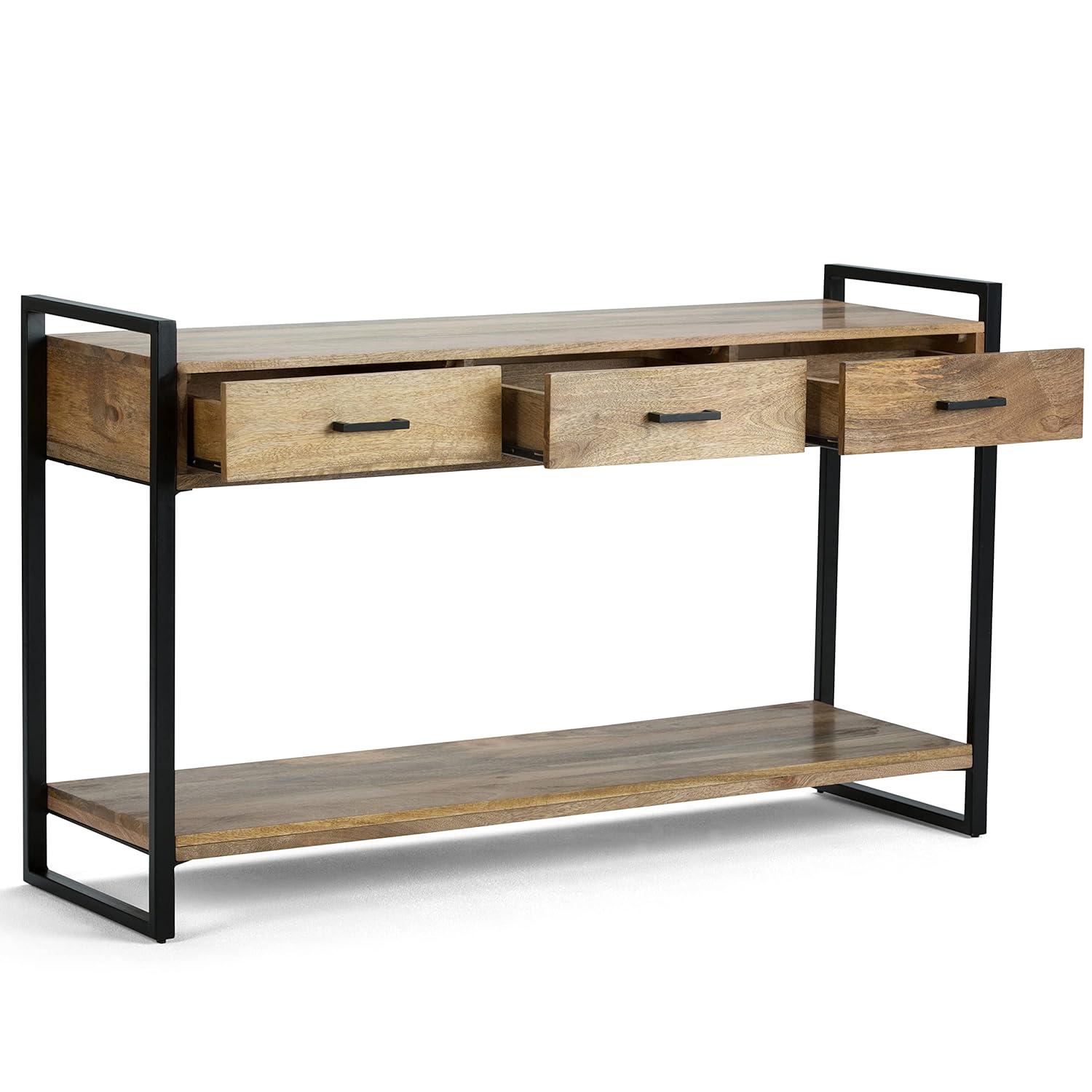 Riverside 54"W Solid Mango Wood and Metal Modern Industrial Storage Console Table with 3 Drawers and Open Shelf