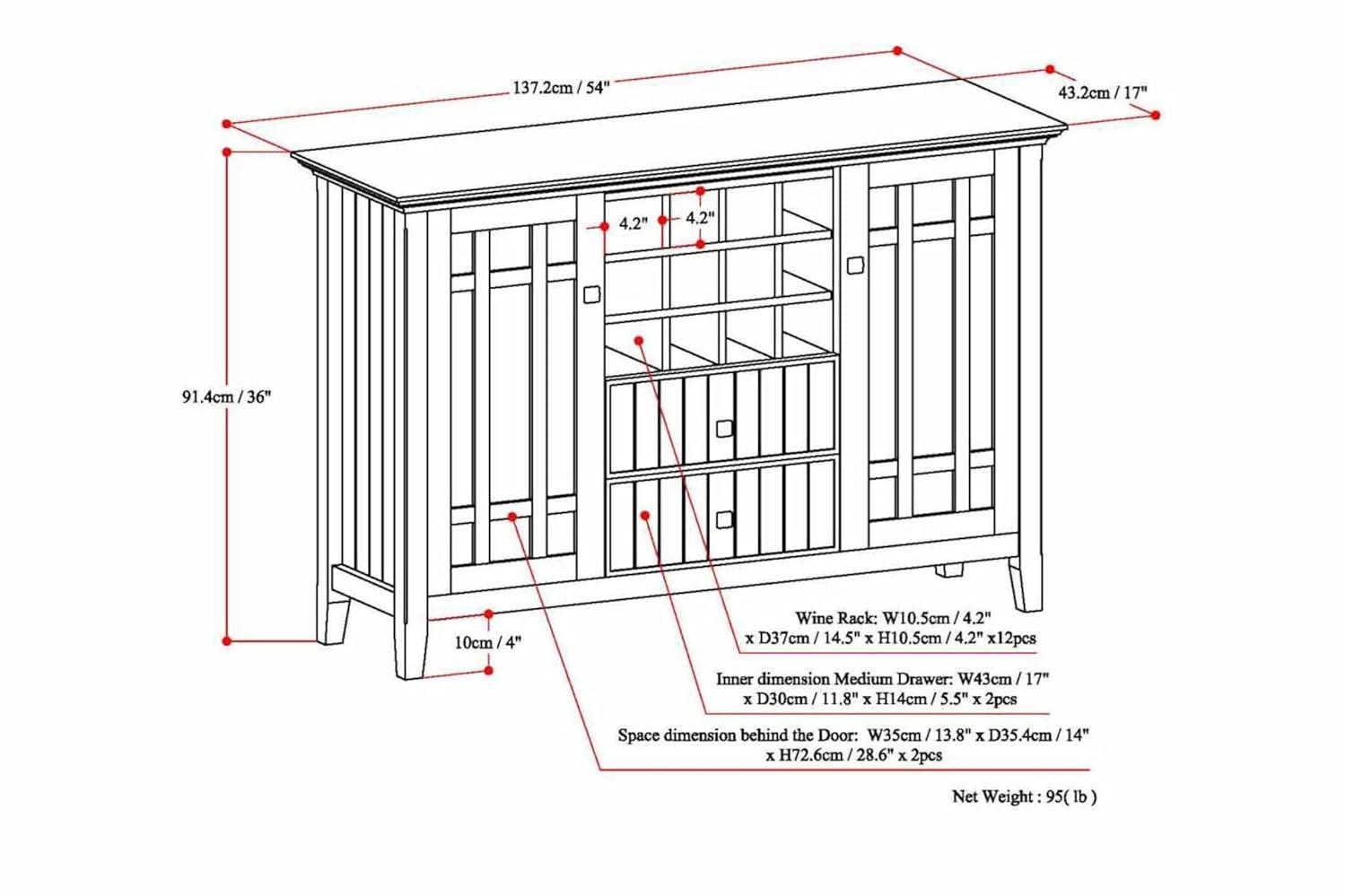Simpli Home Bedford 54"W Solid Wood Sideboard Buffet and Wine Rack, 2 Drawers, and 2 Cabinets