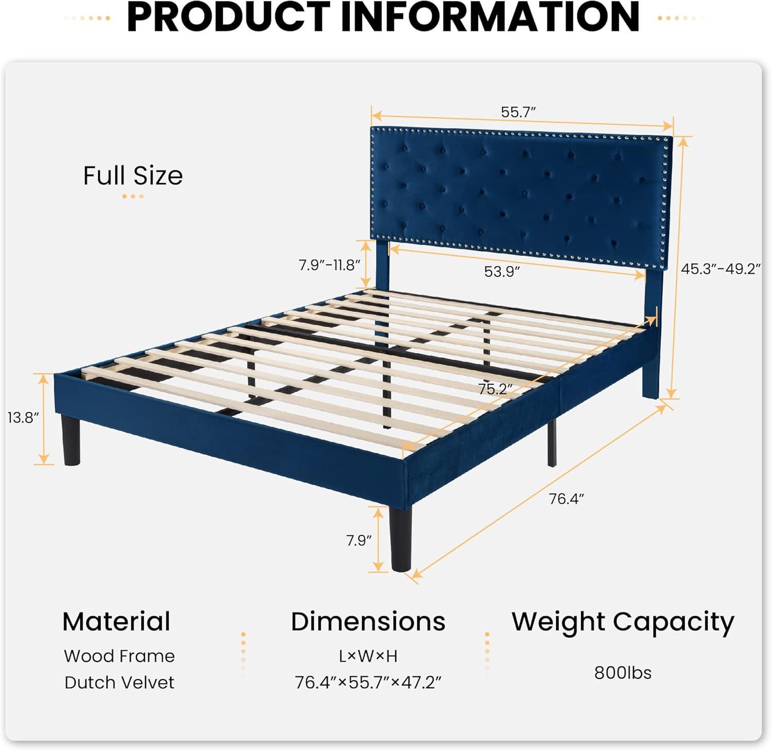 Full Size Blue Velvet Upholstered Bed Frame with Tufted Headboard