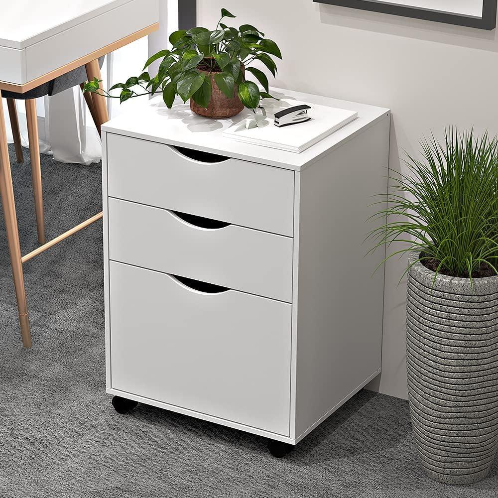 3 Drawers Storage Cabinet, Wooden Mobile Filing Cabinet for Mini Printer Stand, with Lockable Casters, for Home Office (3-Drawers, White)