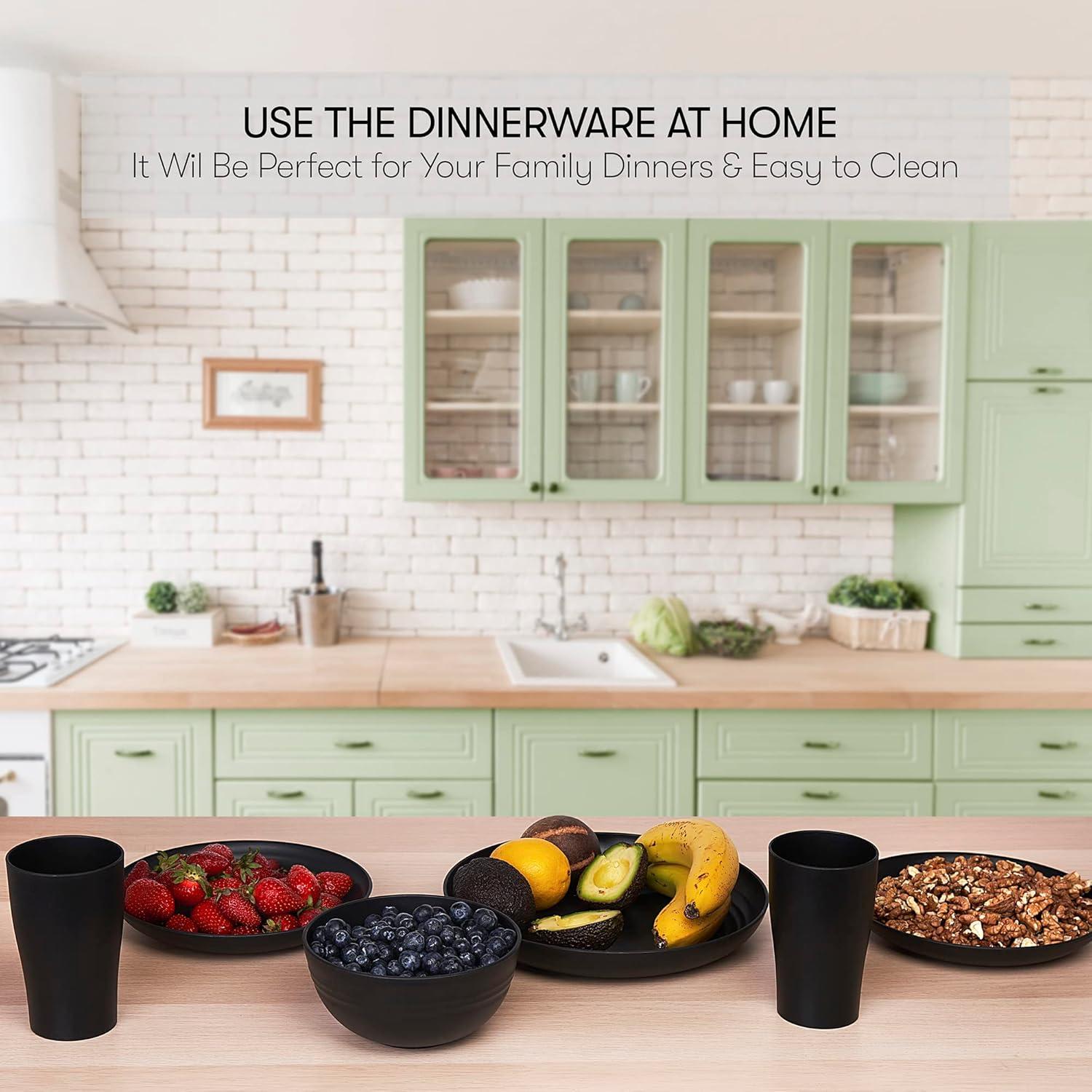 32 Pcs Wheat Straw Dinnerware Sets,Plastic Plates and Bowls Sets for 8,Unbreakable Dinnerware Set,Reusable Lightweight Black Dish Set for Kitchen,Camping,Party,RV,Dishwasher Microwave Safe