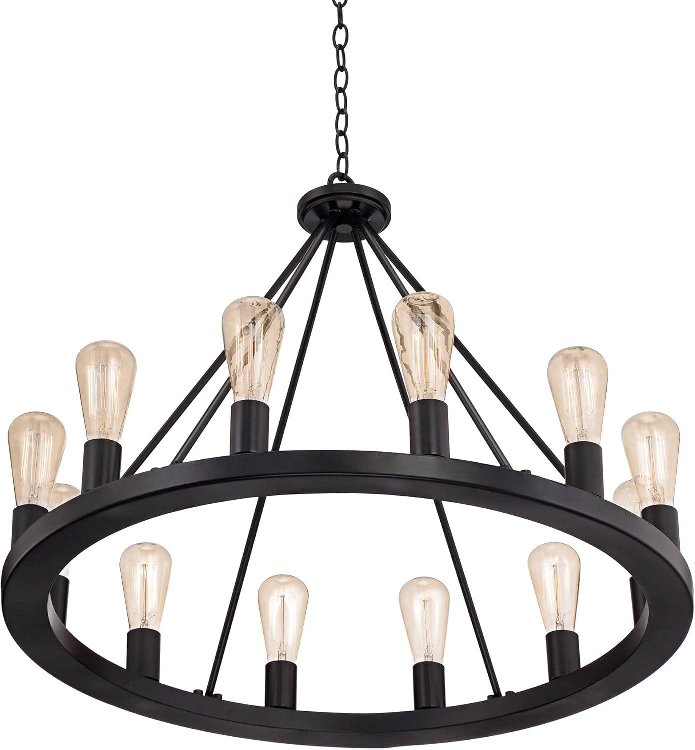Franklin Iron Works Lacey Black Wagon Wheel Chandelier 28" Wide Industrial 12-Light LED Fixture for Dining Room House Foyer Kitchen Island Entryway
