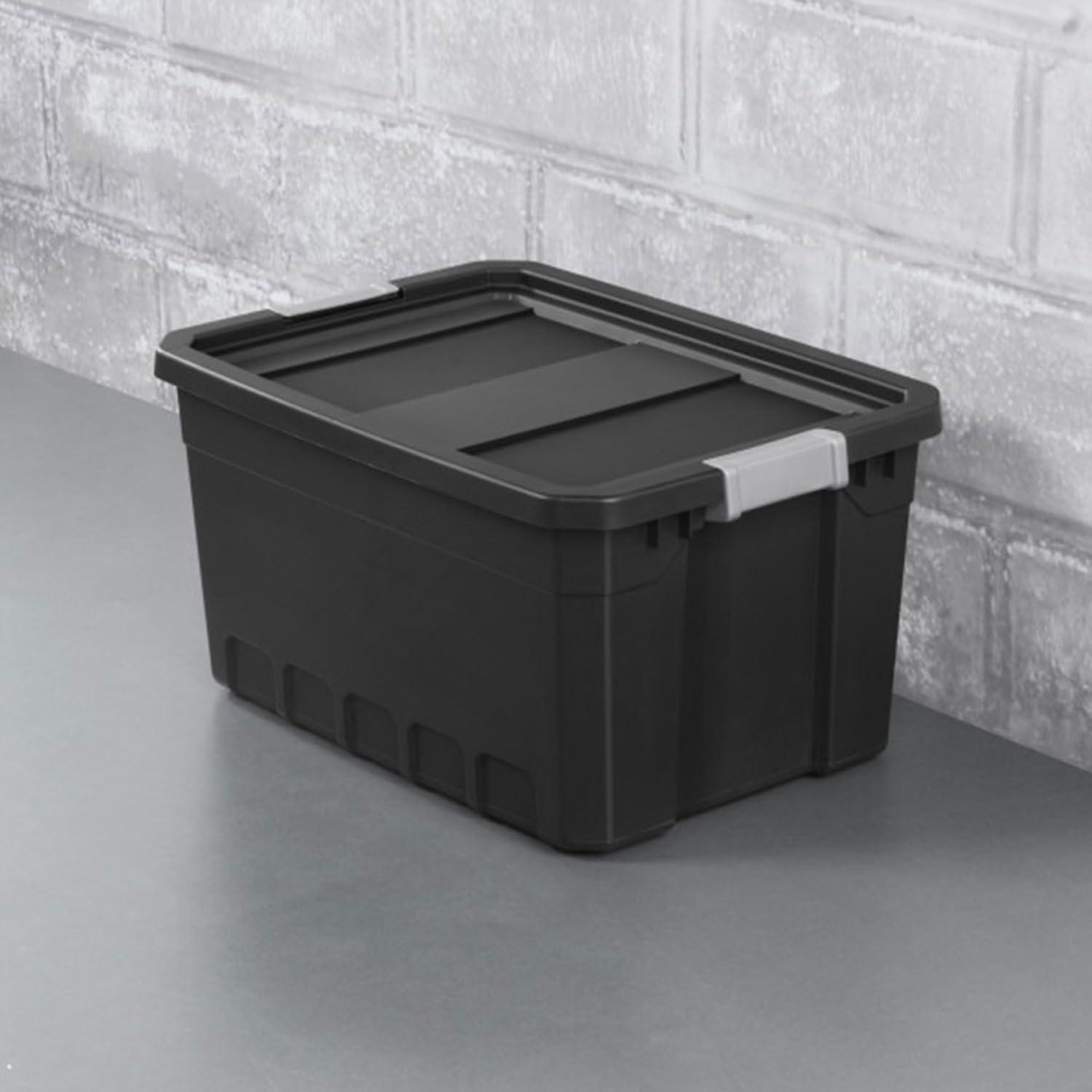 Sterilite 19 Gallon Plastic Stacker Tote, Heavy Duty Lidded Storage Bin Container for Stackable Garage and Basement Organization, Black, 12-Pack