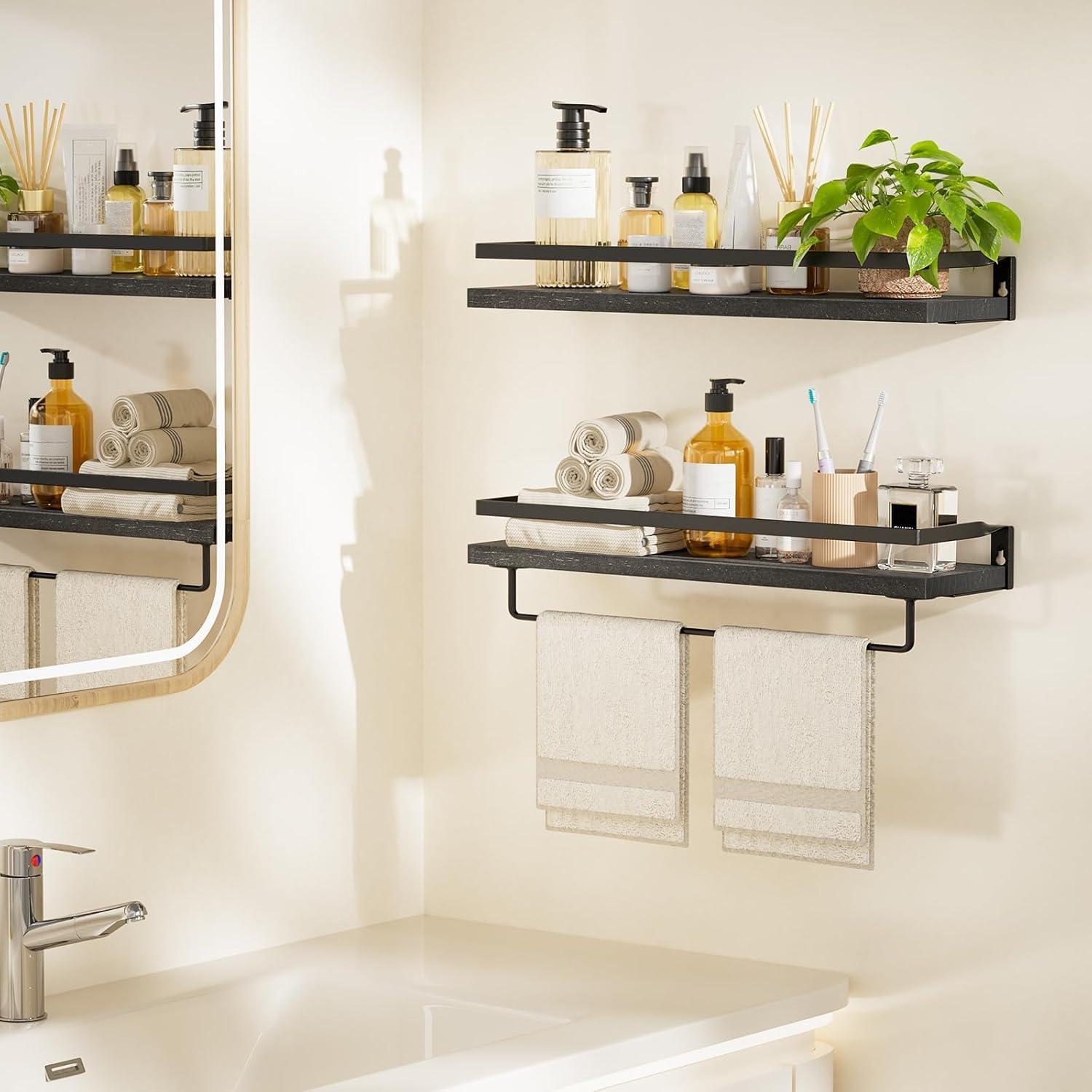 Black Wood Floating Wall Shelves with Towel Bar