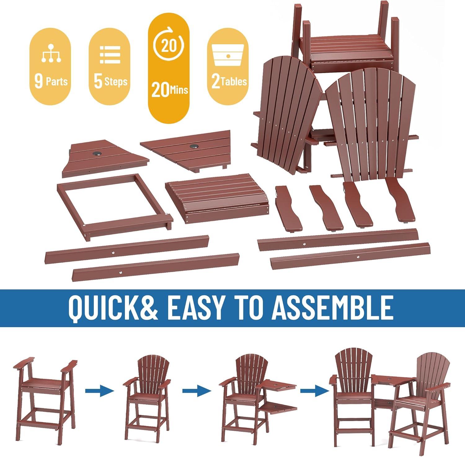 JUSTLET Tall Plastic Adirondack Chair Set of 2 W/ Outdoor Barstools and Connecting Tray, Brown