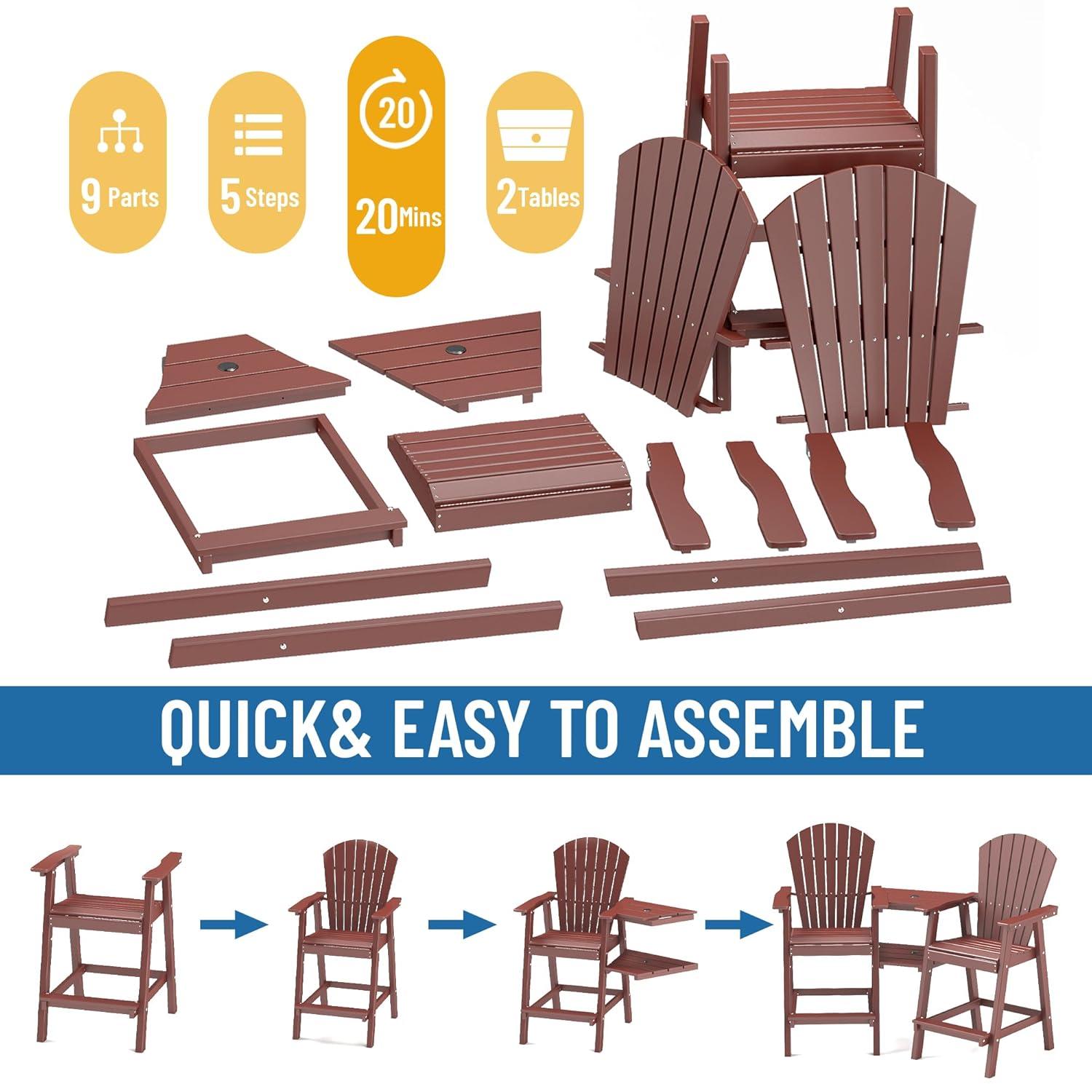 JUSTLET Tall Plastic Adirondack Chair Set of 2 W/ Outdoor Barstools and Connecting Tray, Brown