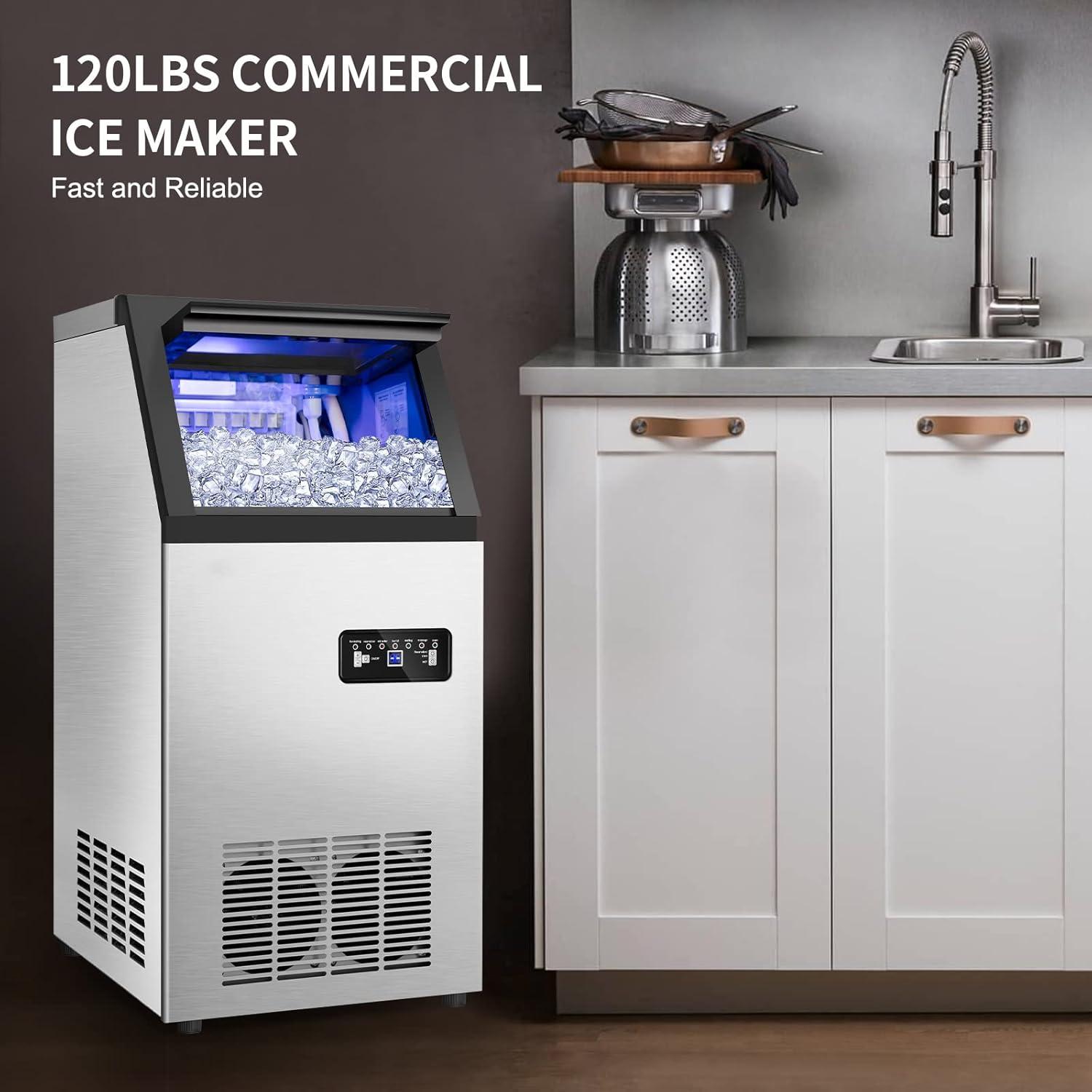 Stainless Steel Commercial Freestanding Ice Maker with 35lb Storage