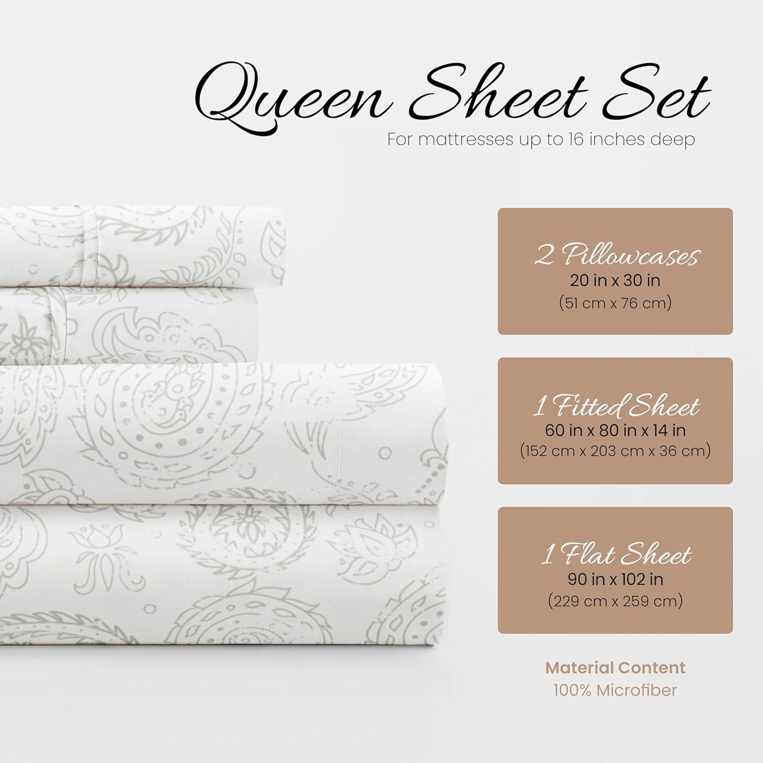 Light Gray Floral Queen Microfiber Deep Pocket Sheet Set