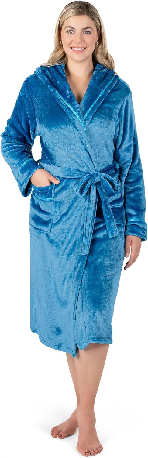PAVILIA Fleece Robe For Women, Plush Warm Bathrobe, Fluffy Soft Spa Long Lightweight Fuzzy Cozy, Satin Trim (With Hood - Sea Blue, Large-X-Large)