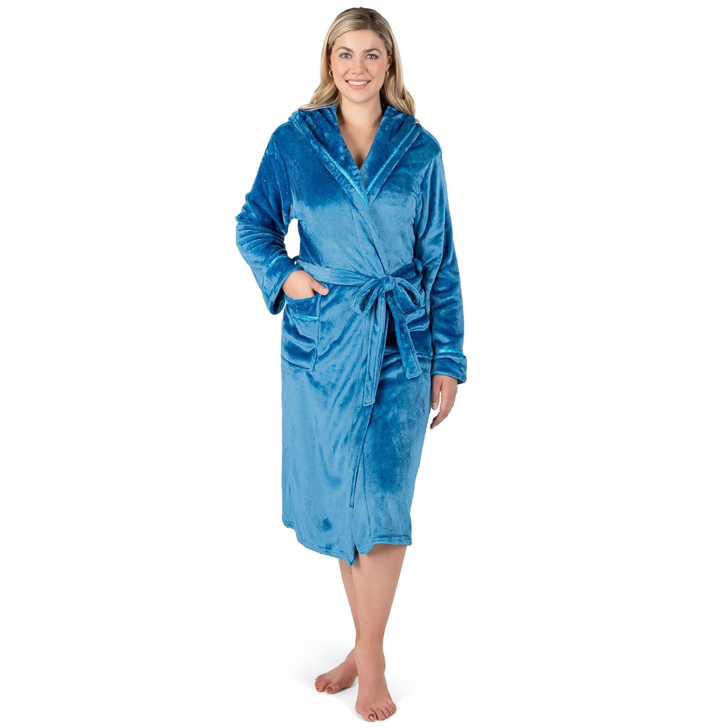 PAVILIA Fleece Robe For Women, Plush Warm Bathrobe, Fluffy Soft Spa Long Lightweight Fuzzy Cozy, Satin Trim (With Hood - Sea Blue, Large-X-Large)