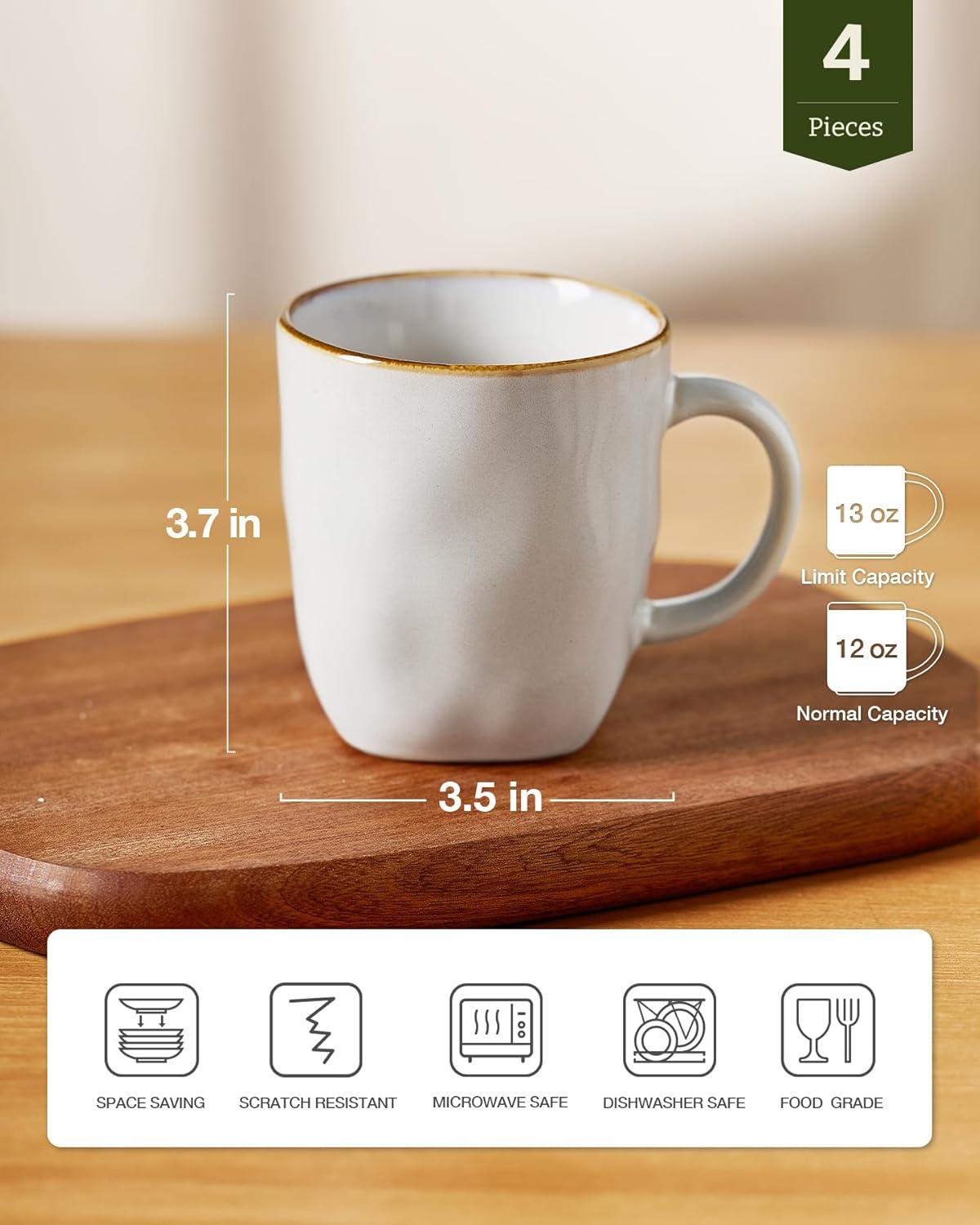 FAST APPLIANCES LLC Coffee Mugs Set Of 4, Ocean Square 13Oz Coffee Cup Set With Handle For Cocoa, Milk, Hot Chocolate, Tea, Water, Stoneware Cups For Kitchen, Microwave And Dishwasher Safe, Vanilla White