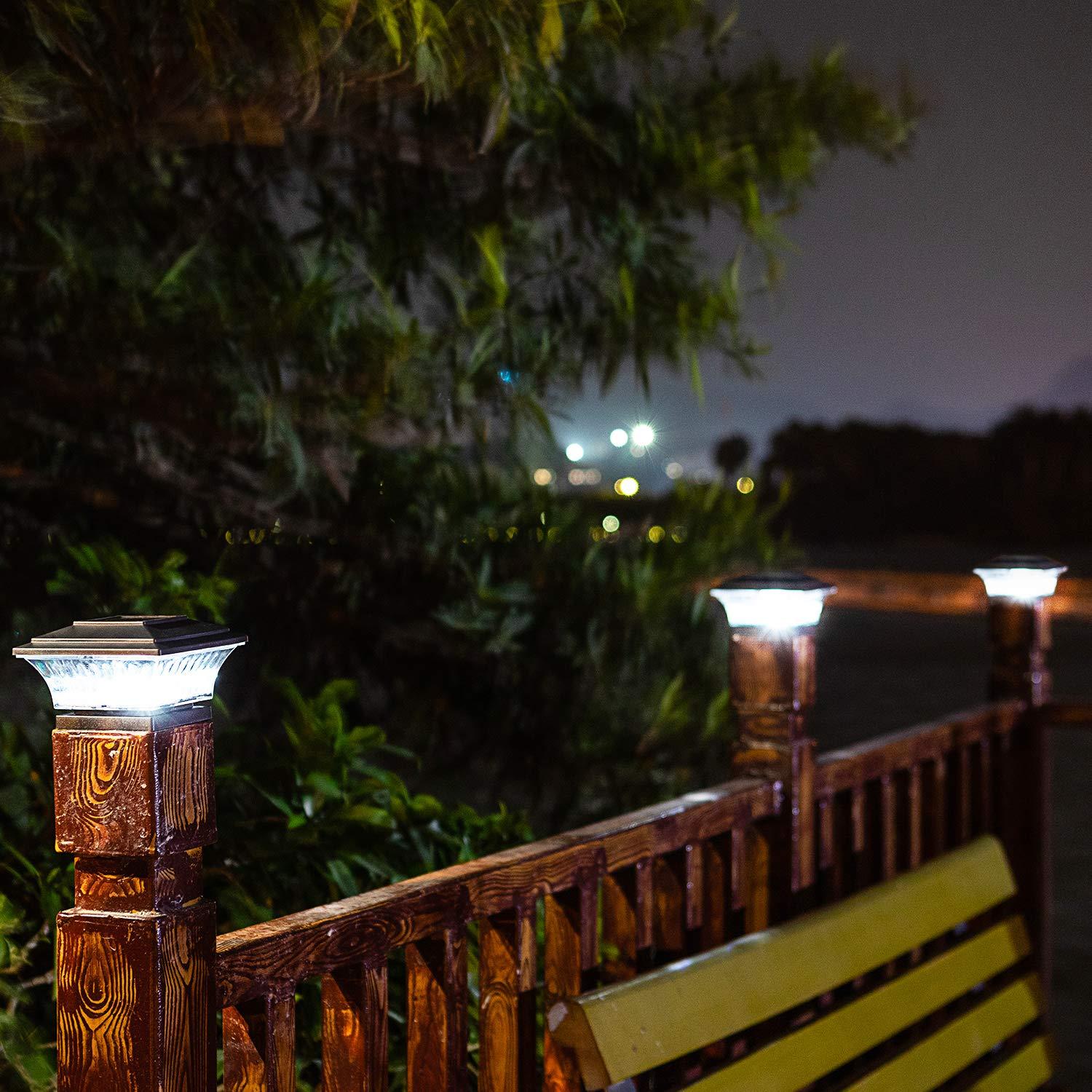 HUYIENO Solar Post Cap Lights Outdoor LED Lighting Deck Fence Cap Light Two Light Modes Warm White/Bright White Suitable for 4x4 Wooden Posts Brushed Copper 4PK