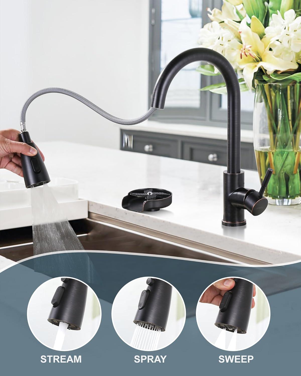 Wowow Kitchen Faucet with Glass Rinser, Stainless Steel Kitchen Sink Faucet and Cup Rinser Combo for Kitchen Sink, Oil Rubbed Bronze