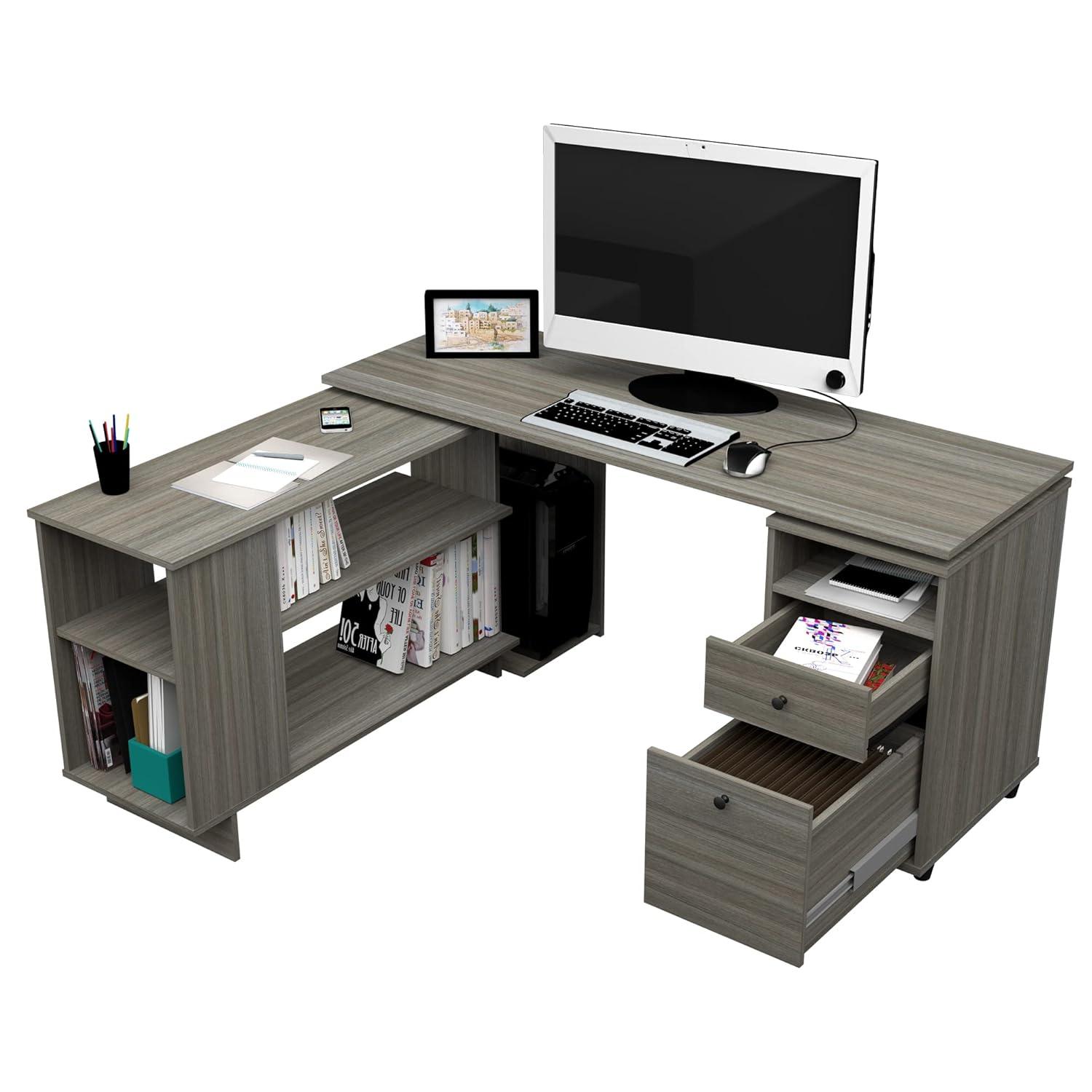 Inval L-Shaped Reversible Computer Desk, Smoke Oak