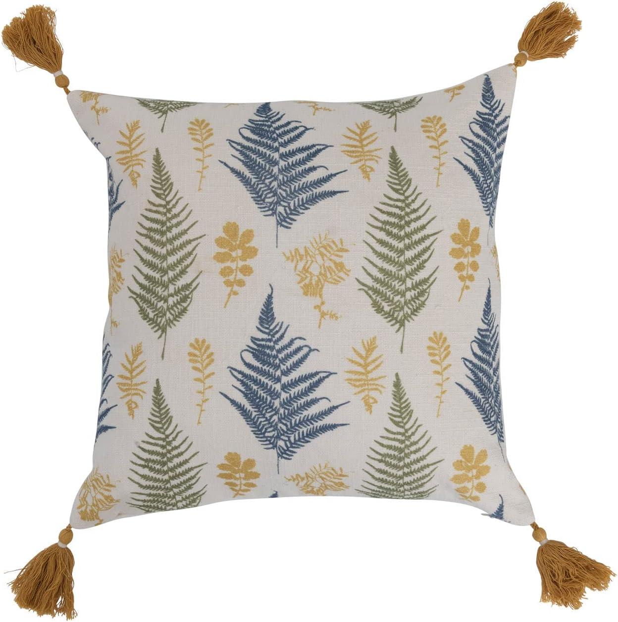 Botanical Print Cotton Square Pillow with Tassels