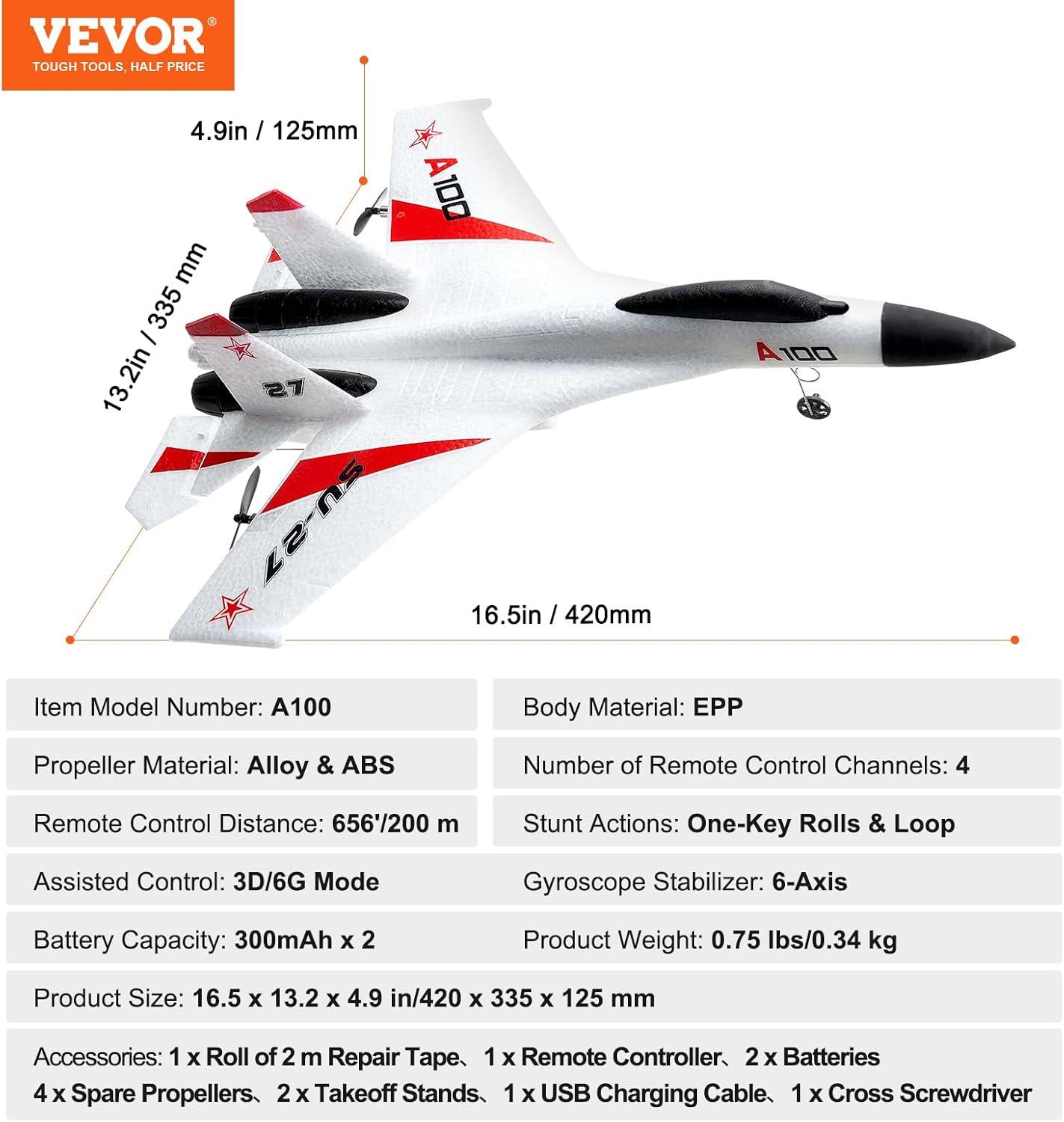 VEVOR White and Red EPP Foam RC Fighter Plane with Gyroscope