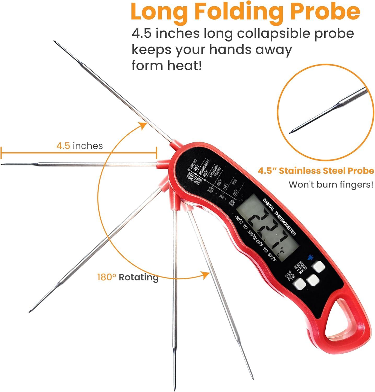Digital Meat Thermometer for Grill/Cooking Fast Instant Read Waterproof Magnetic Probe Thermometer w/Backlight and Display for Kitchen, BBQ, Frying, etc. Chicken, Steak,or Burgers, Red